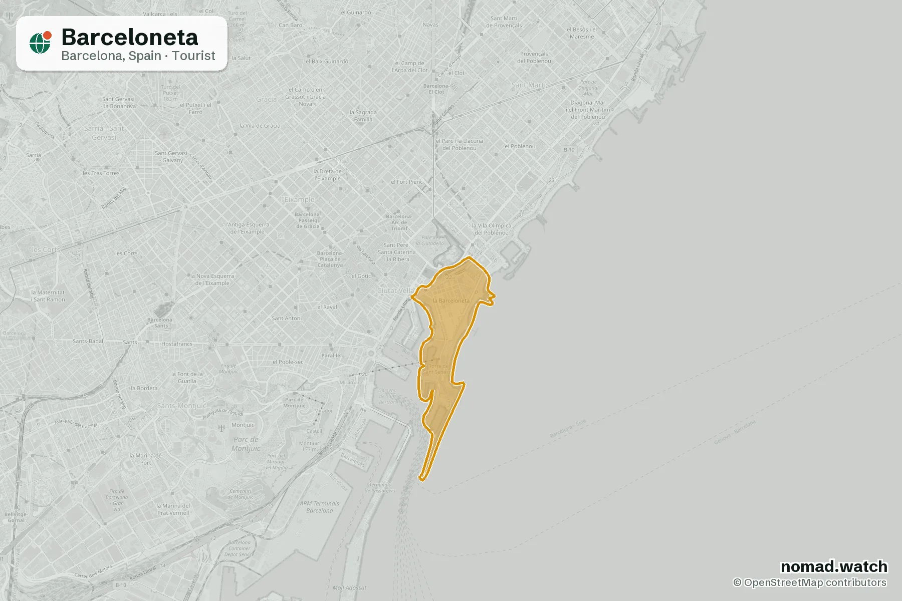 Barceloneta neighborhood map in Barcelona, Spain