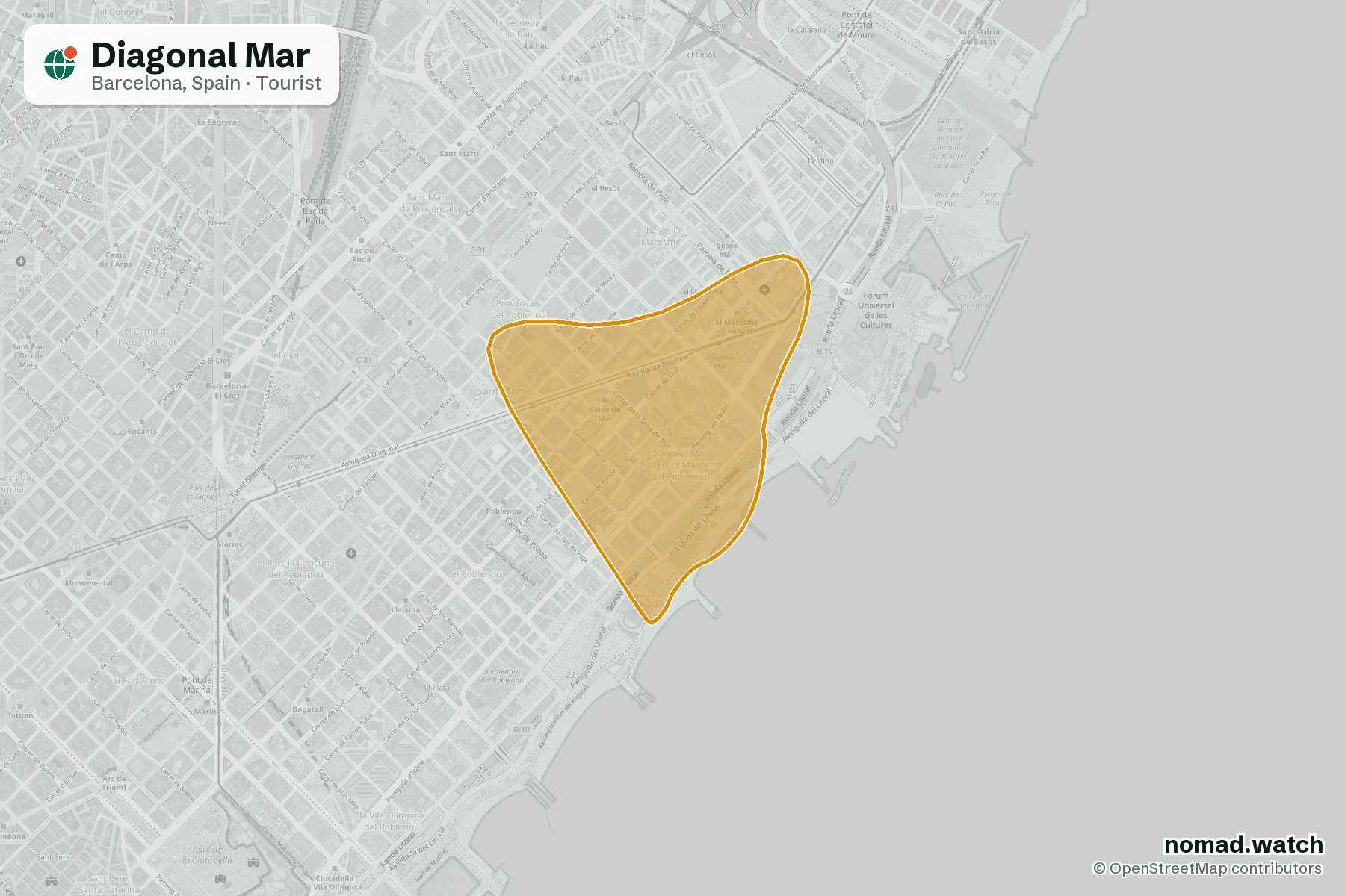 Diagonal Mar neighborhood map in Barcelona, Spain