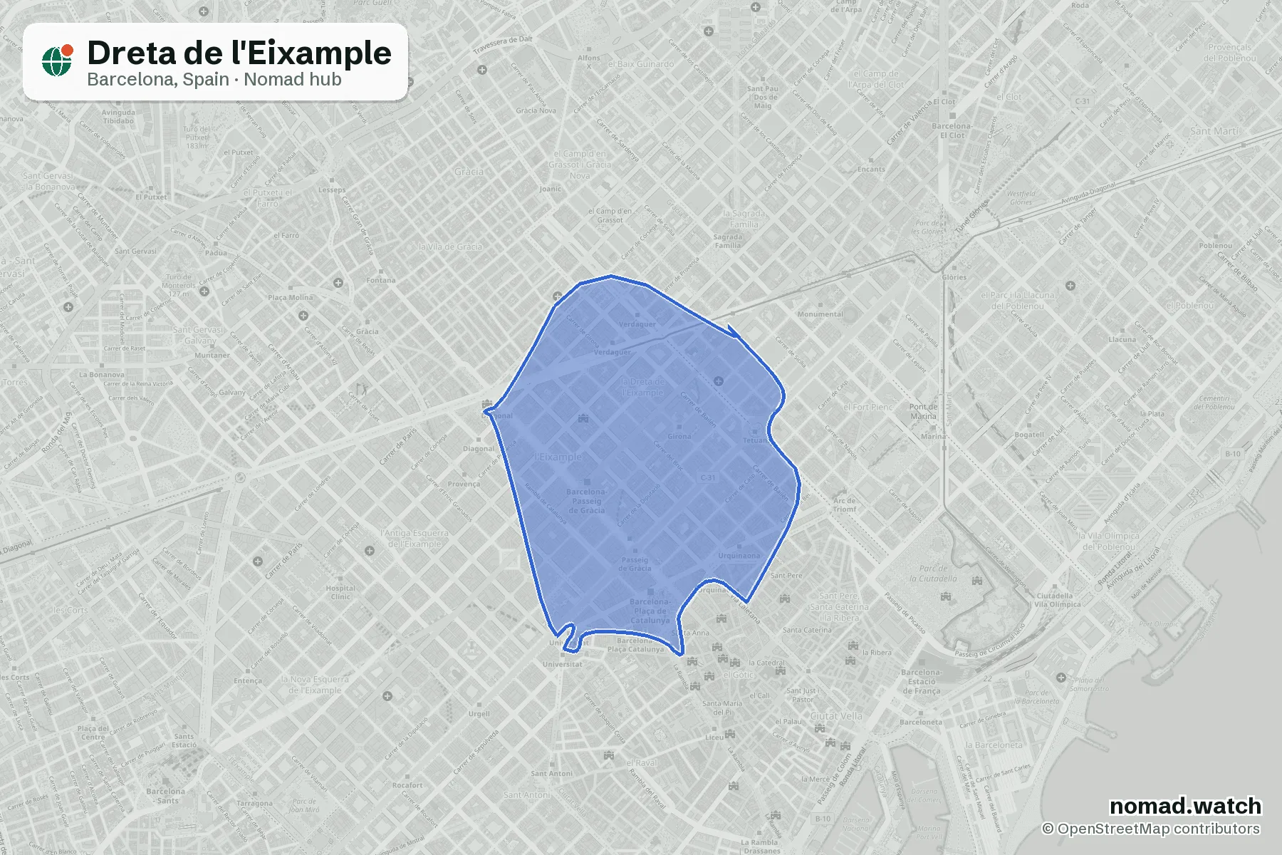 Dreta de l'Eixample neighborhood map in Barcelona, Spain