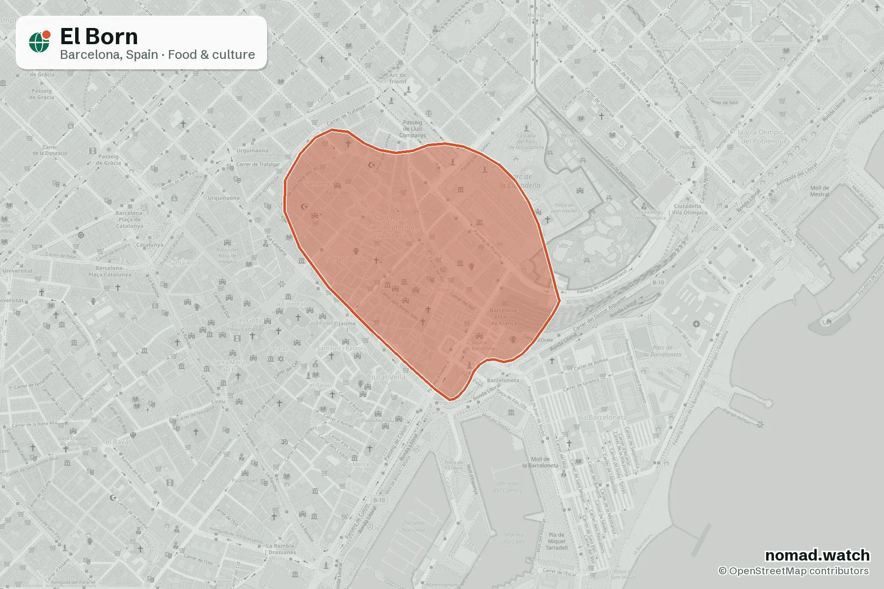El Born neighborhood map in Barcelona, Spain