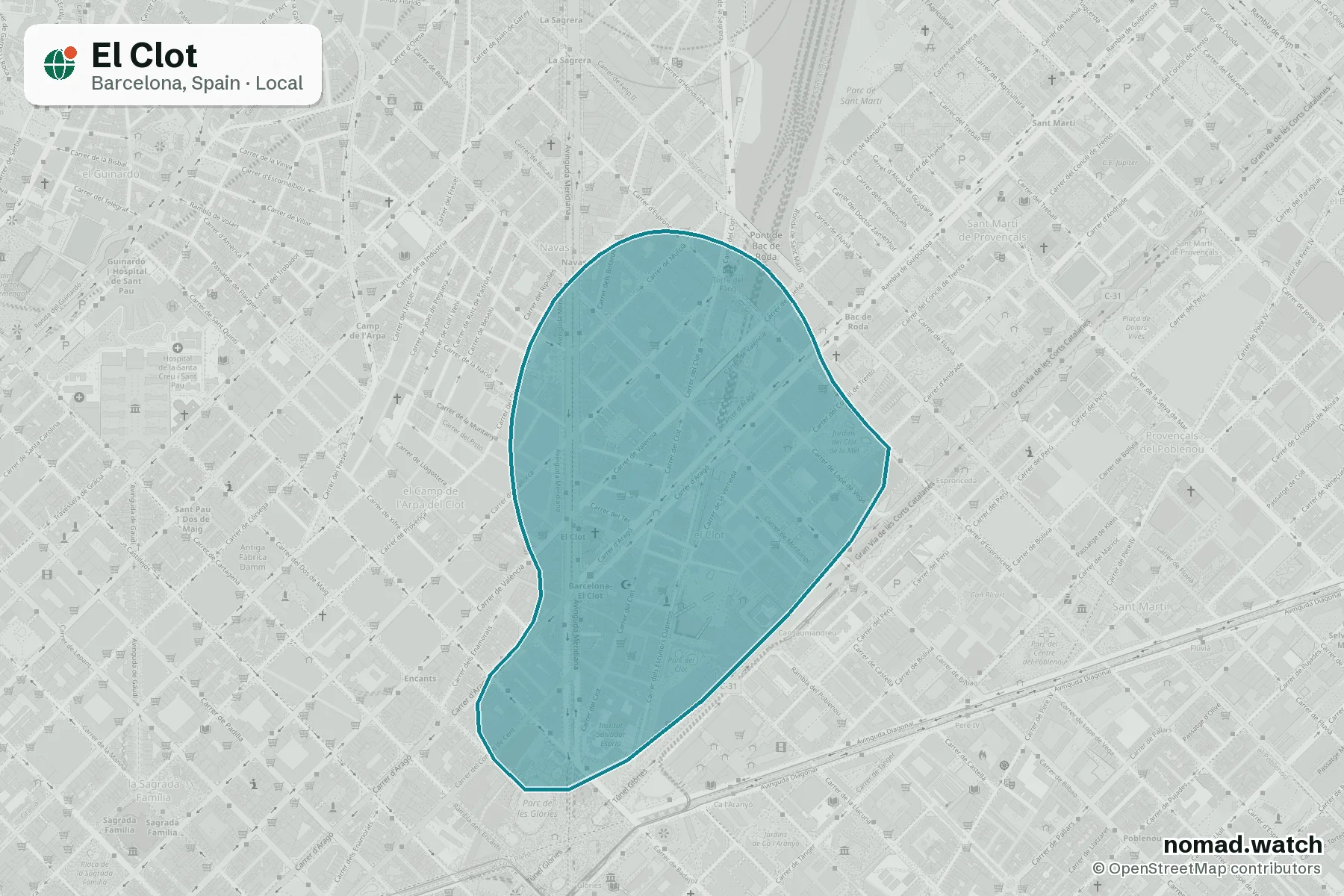 El Clot neighborhood map in Barcelona, Spain
