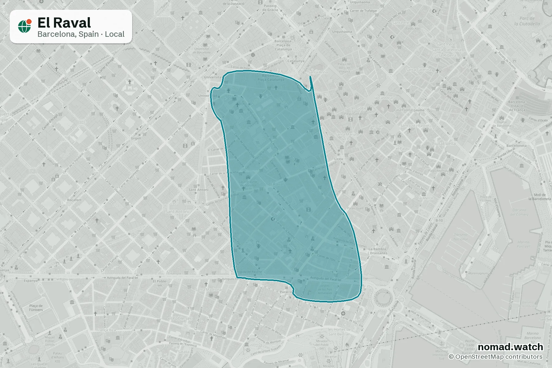 El Raval neighborhood map in Barcelona, Spain