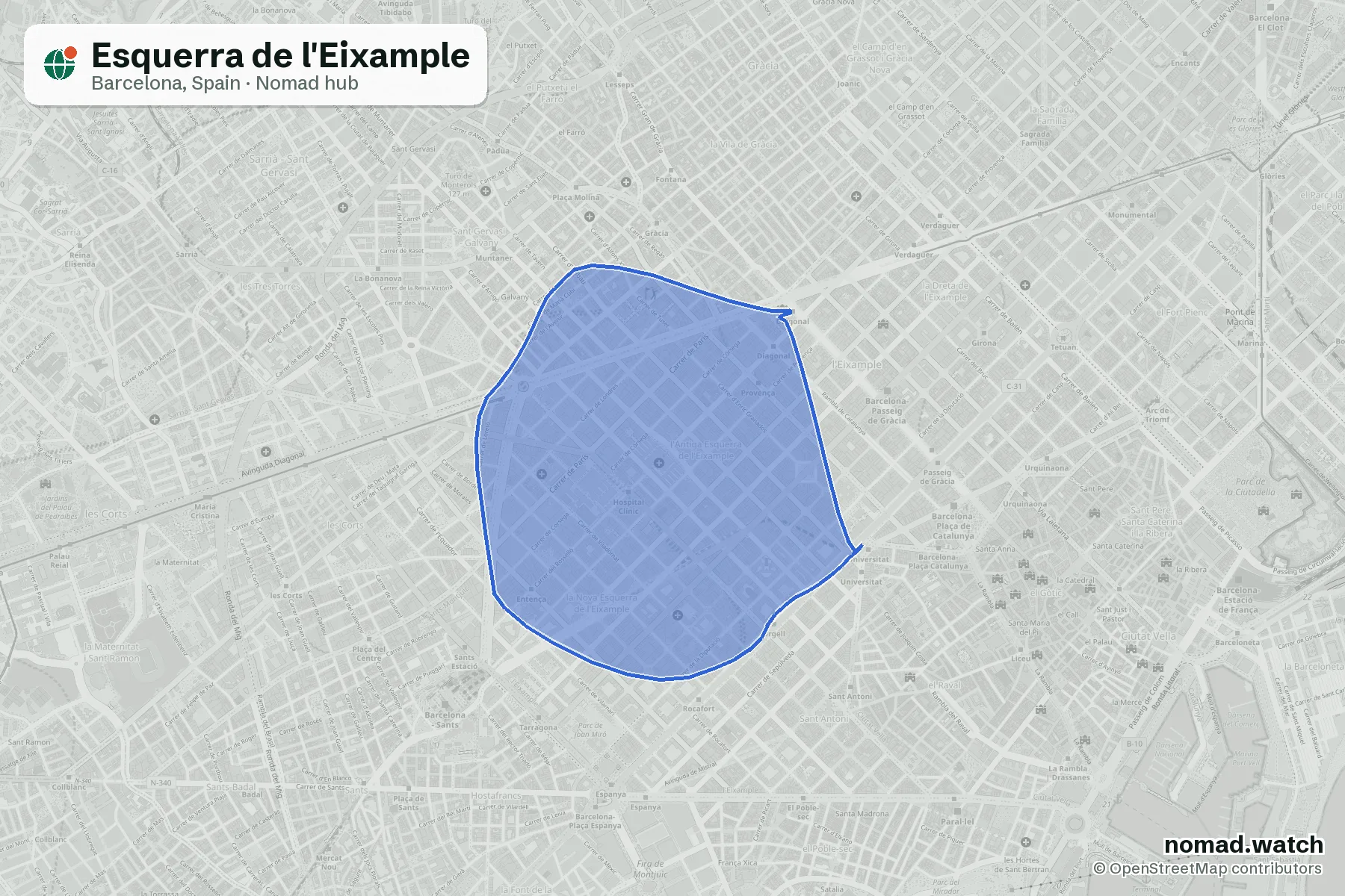 Esquerra de l'Eixample neighborhood map in Barcelona, Spain