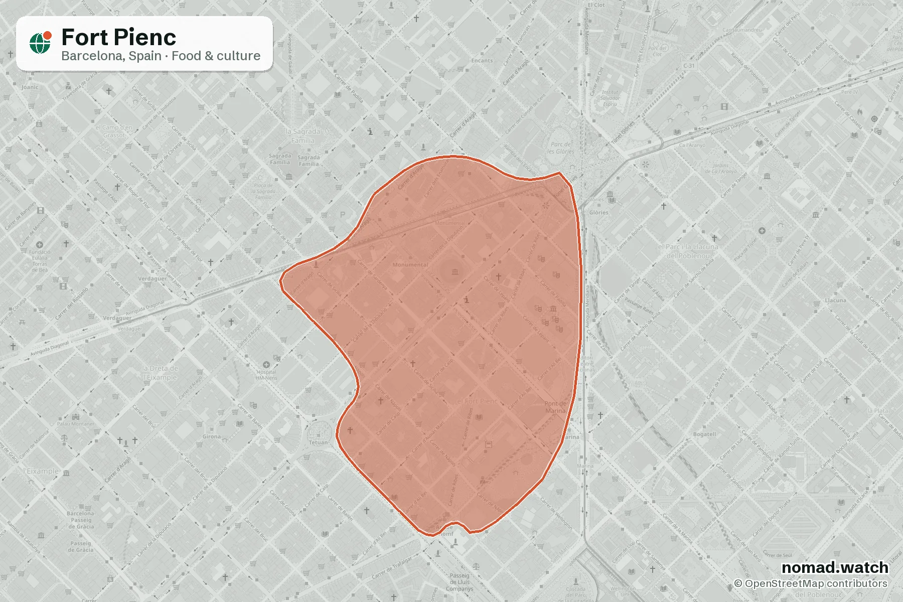Fort Pienc neighborhood map in Barcelona, Spain