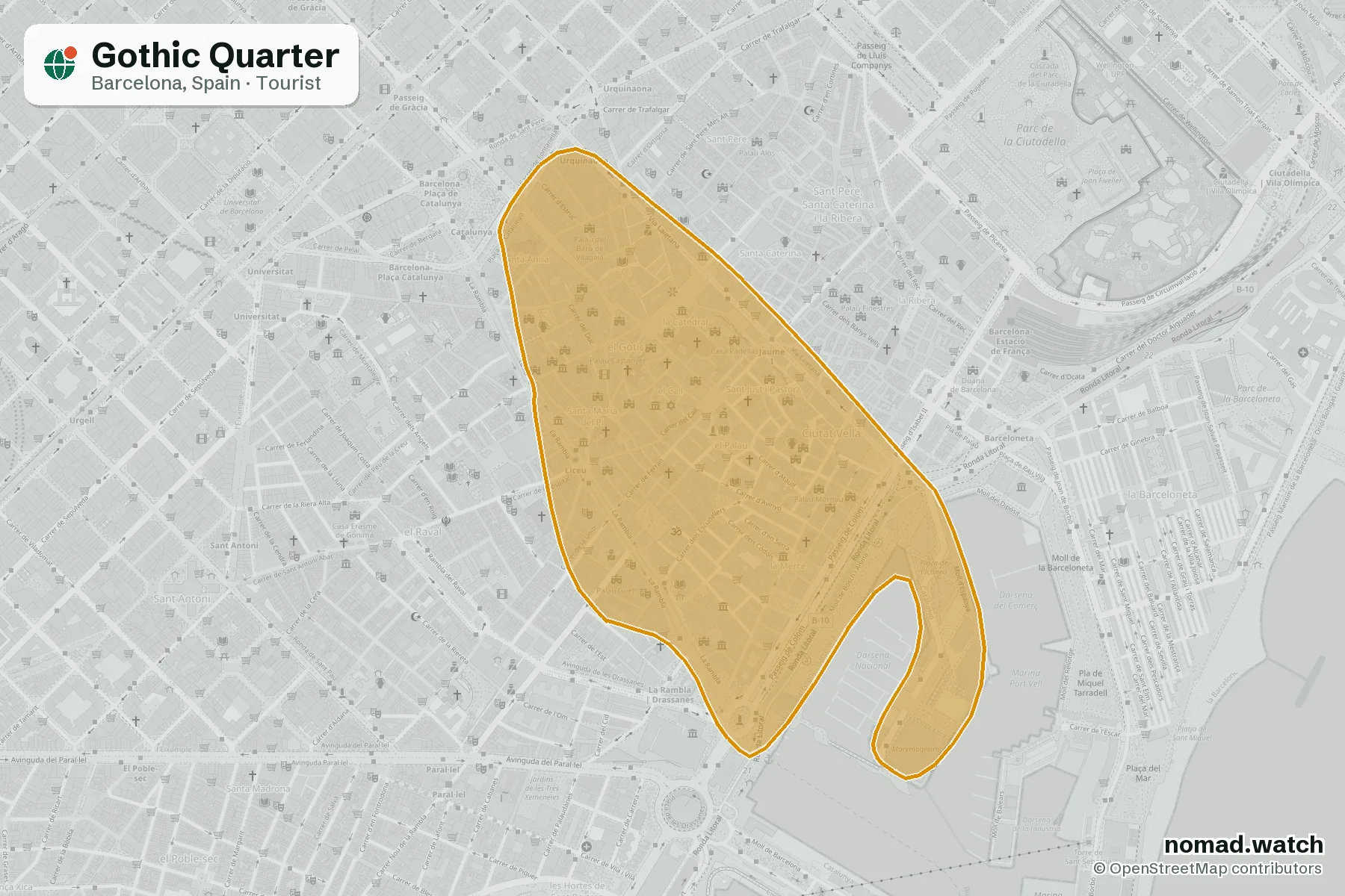Gothic Quarter neighborhood map in Barcelona, Spain