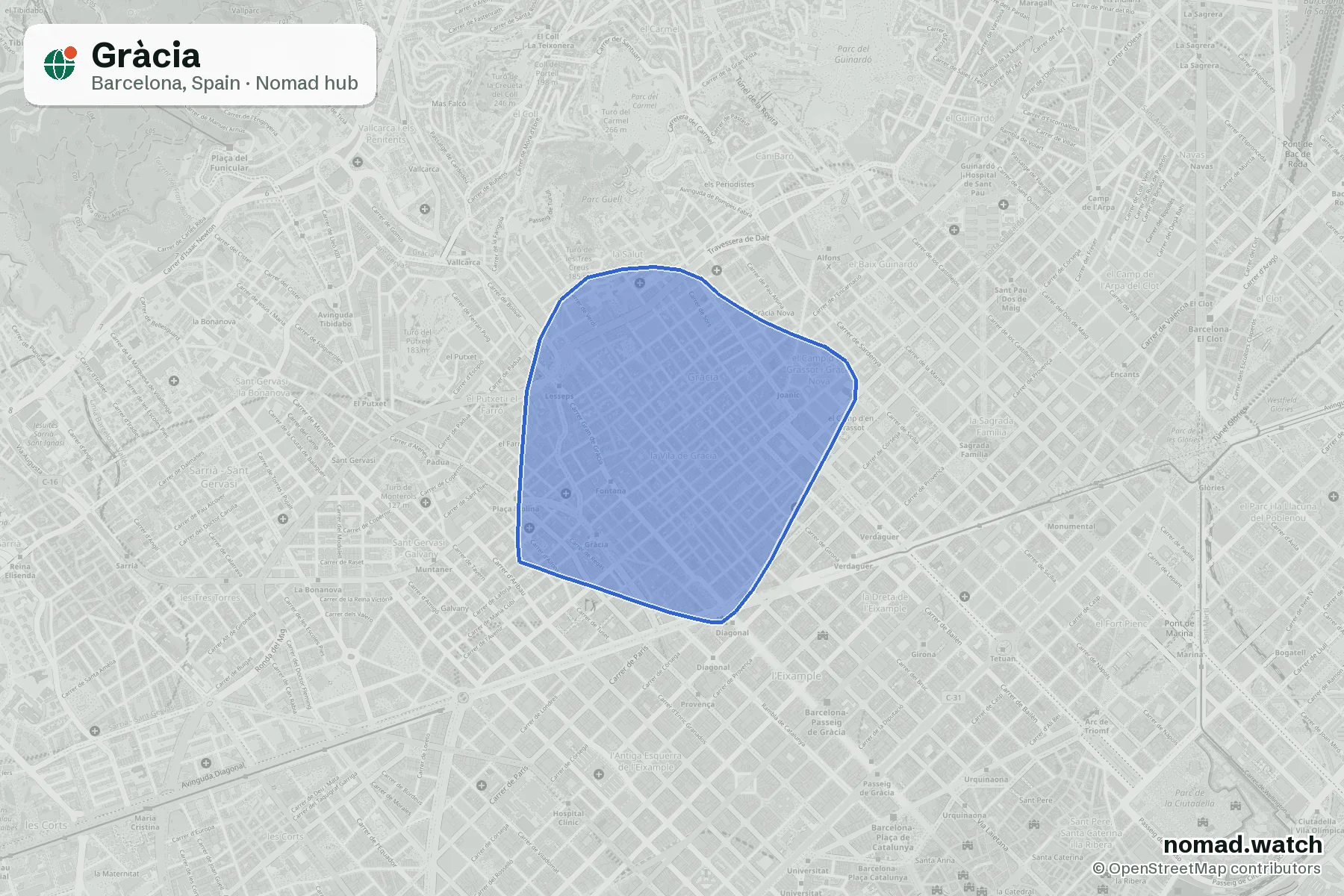 Gràcia neighborhood map in Barcelona, Spain