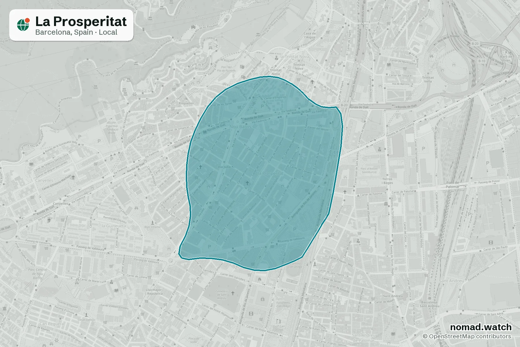 La Prosperitat neighborhood map in Barcelona, Spain