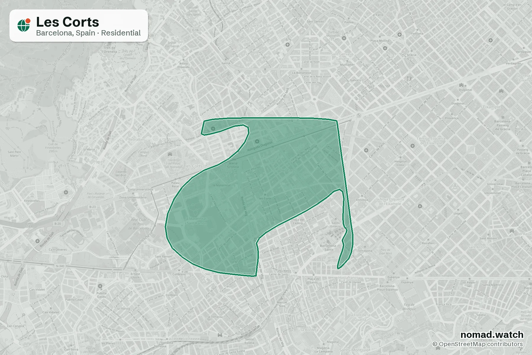 Les Corts neighborhood map in Barcelona, Spain