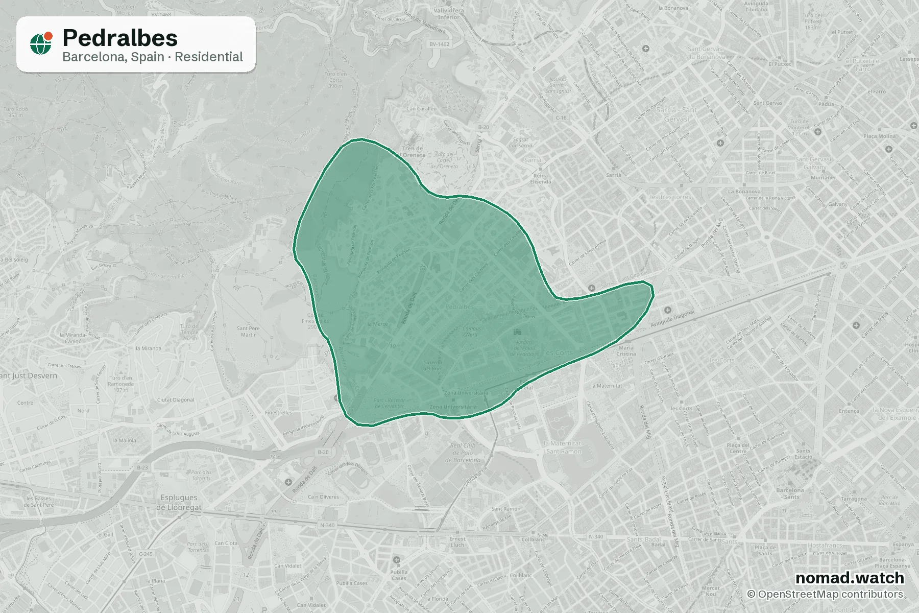 Pedralbes neighborhood map in Barcelona, Spain