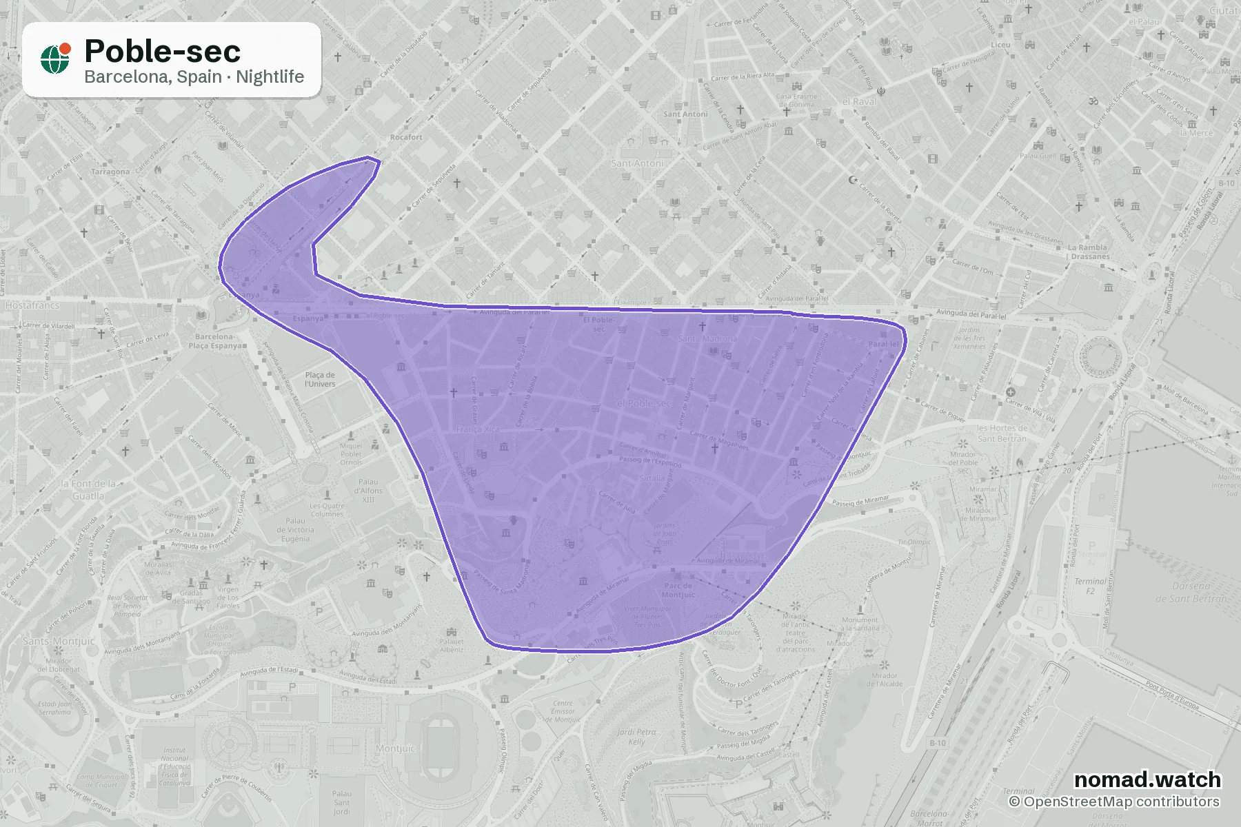 Poble-sec neighborhood map in Barcelona, Spain
