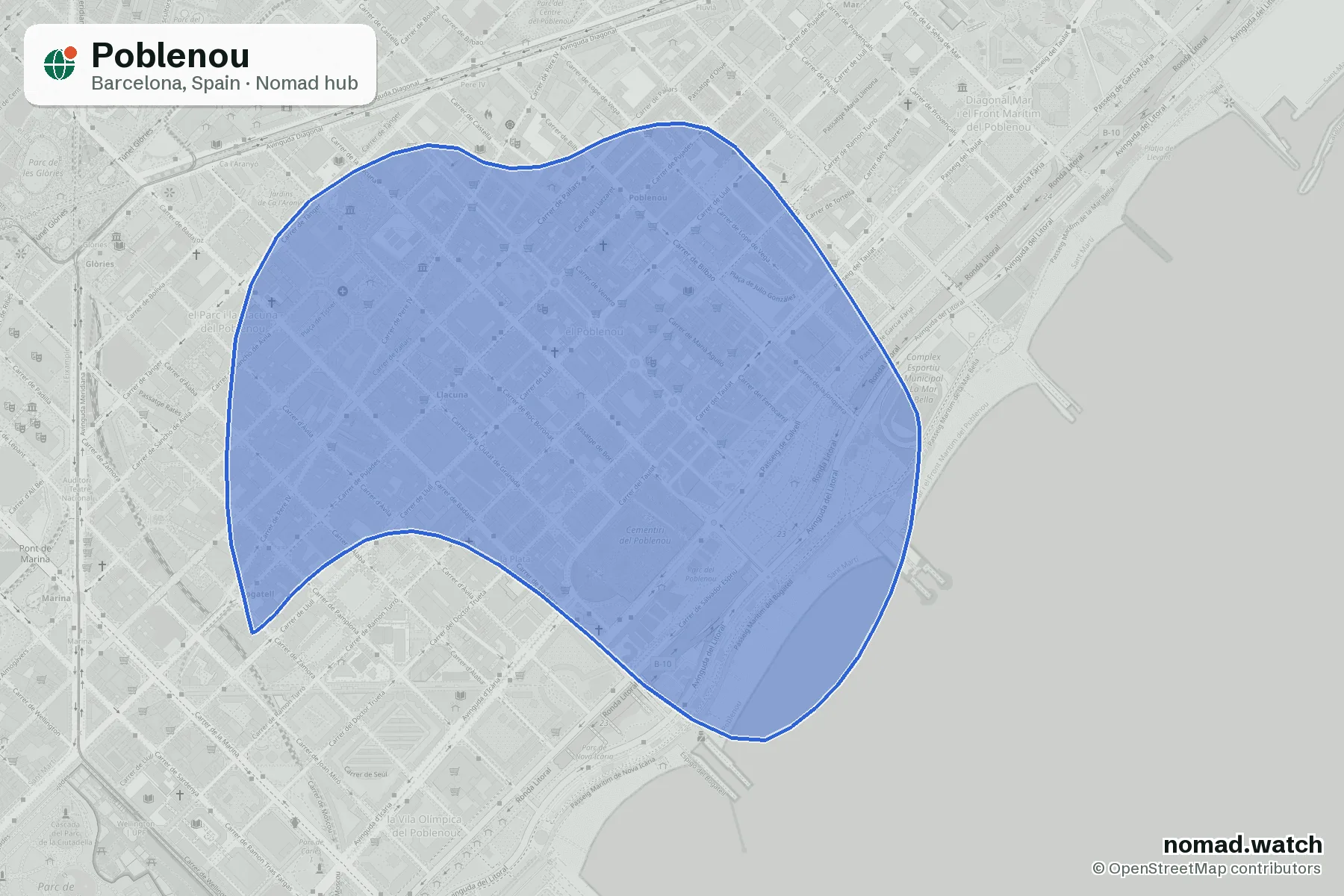 Poblenou neighborhood map in Barcelona, Spain