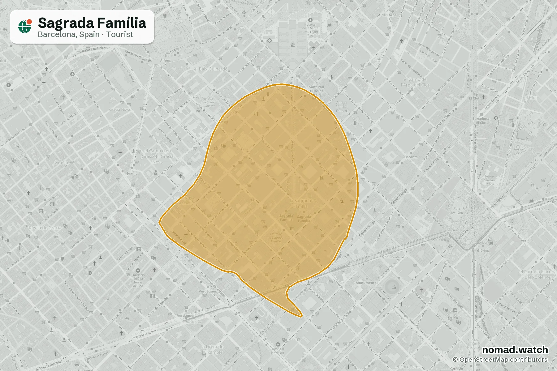 Sagrada Família neighborhood map in Barcelona, Spain