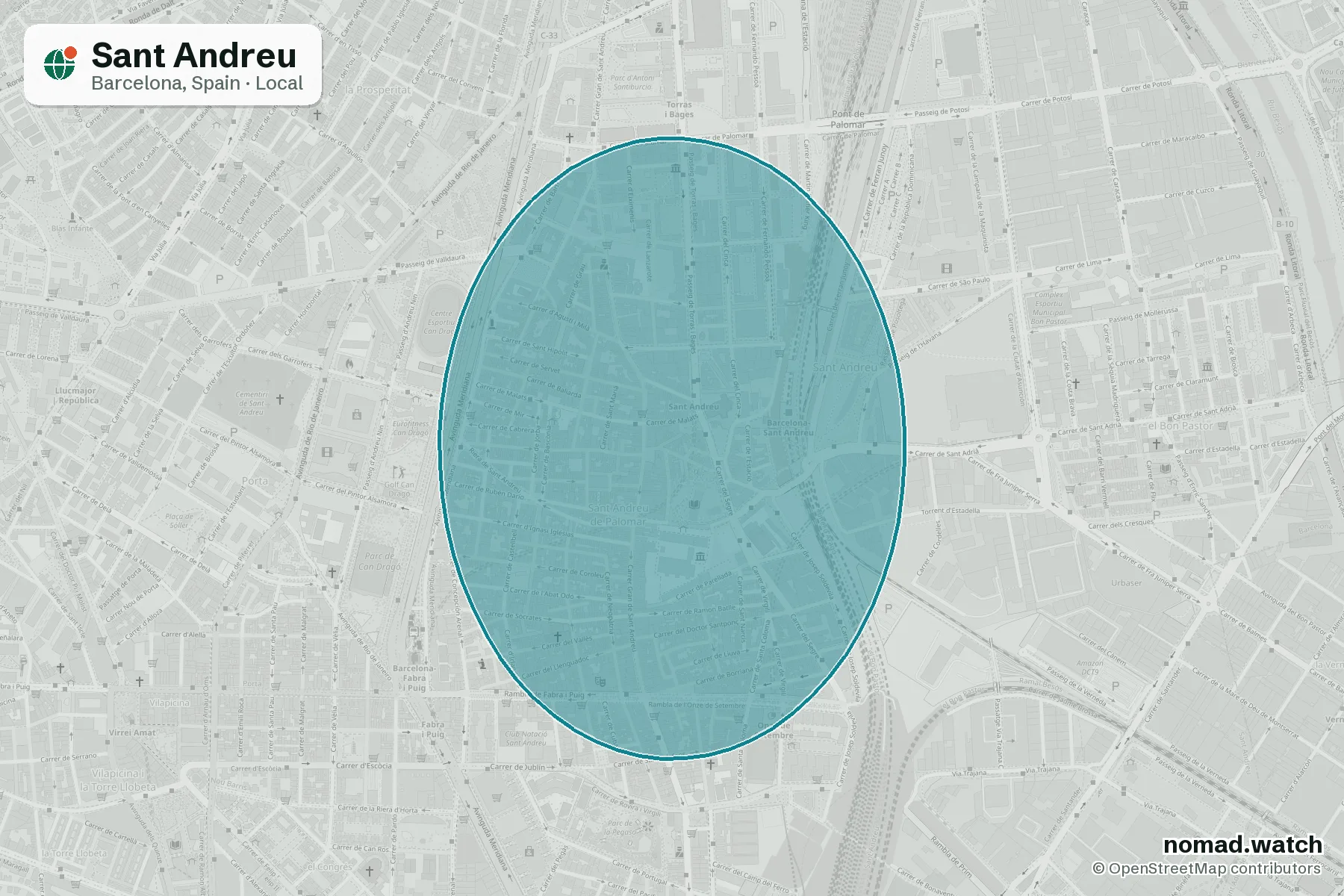 Sant Andreu neighborhood map in Barcelona, Spain