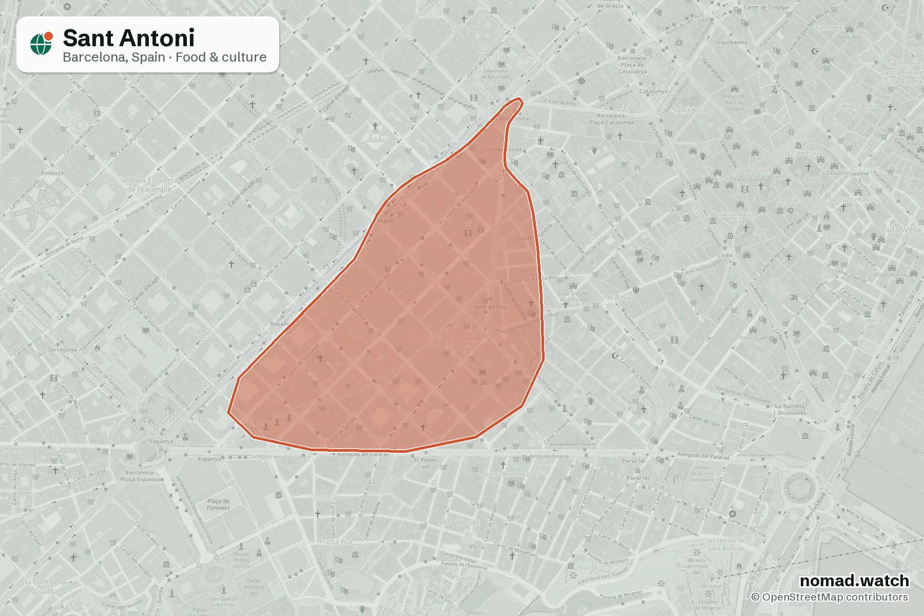 Sant Antoni neighborhood map in Barcelona, Spain