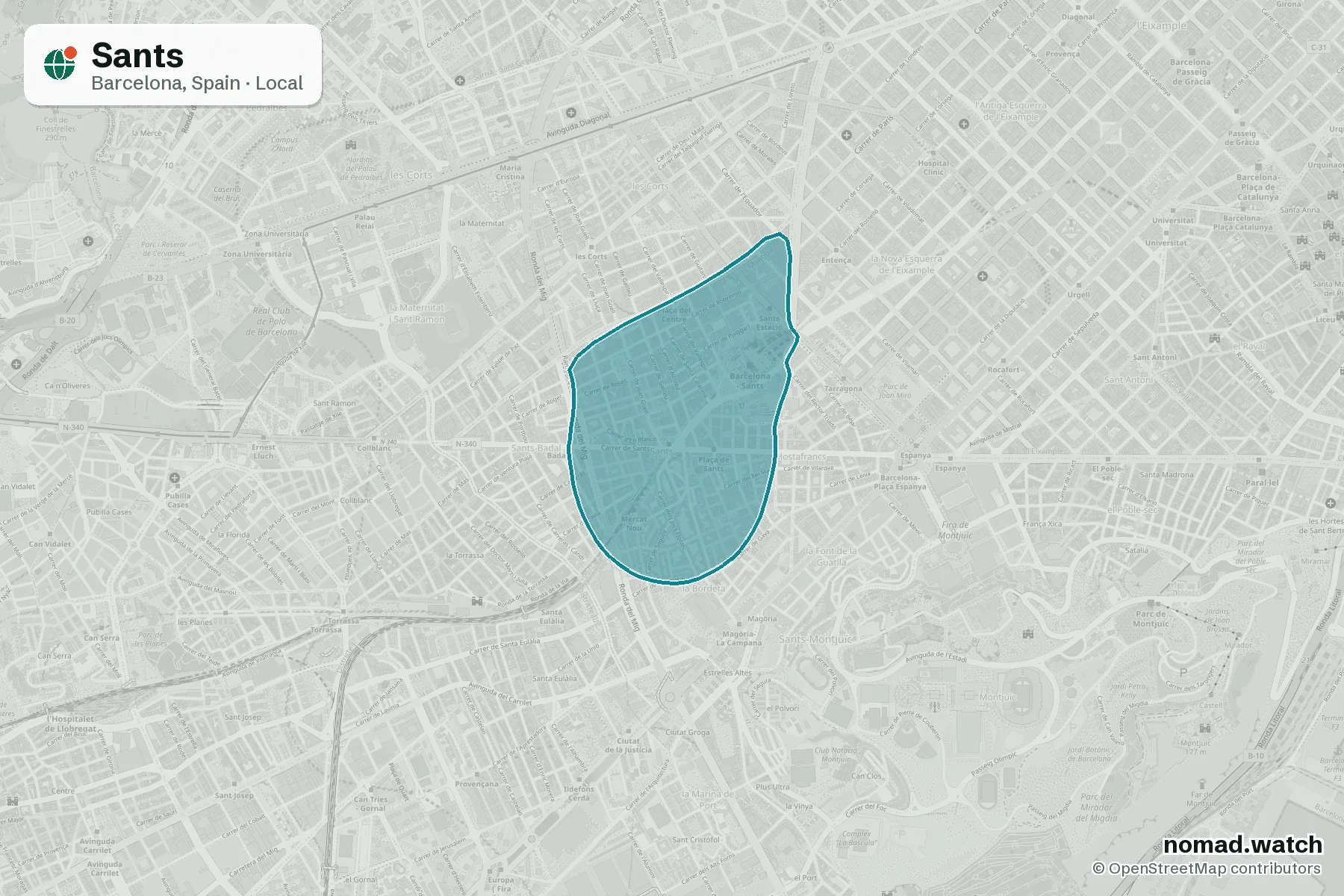 Sants neighborhood map in Barcelona, Spain