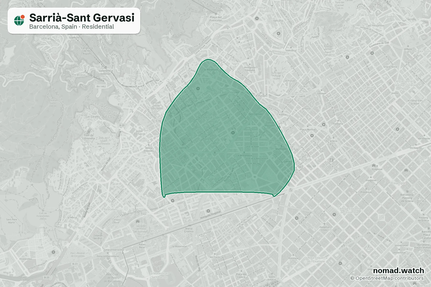 Sarrià-Sant Gervasi neighborhood map in Barcelona, Spain