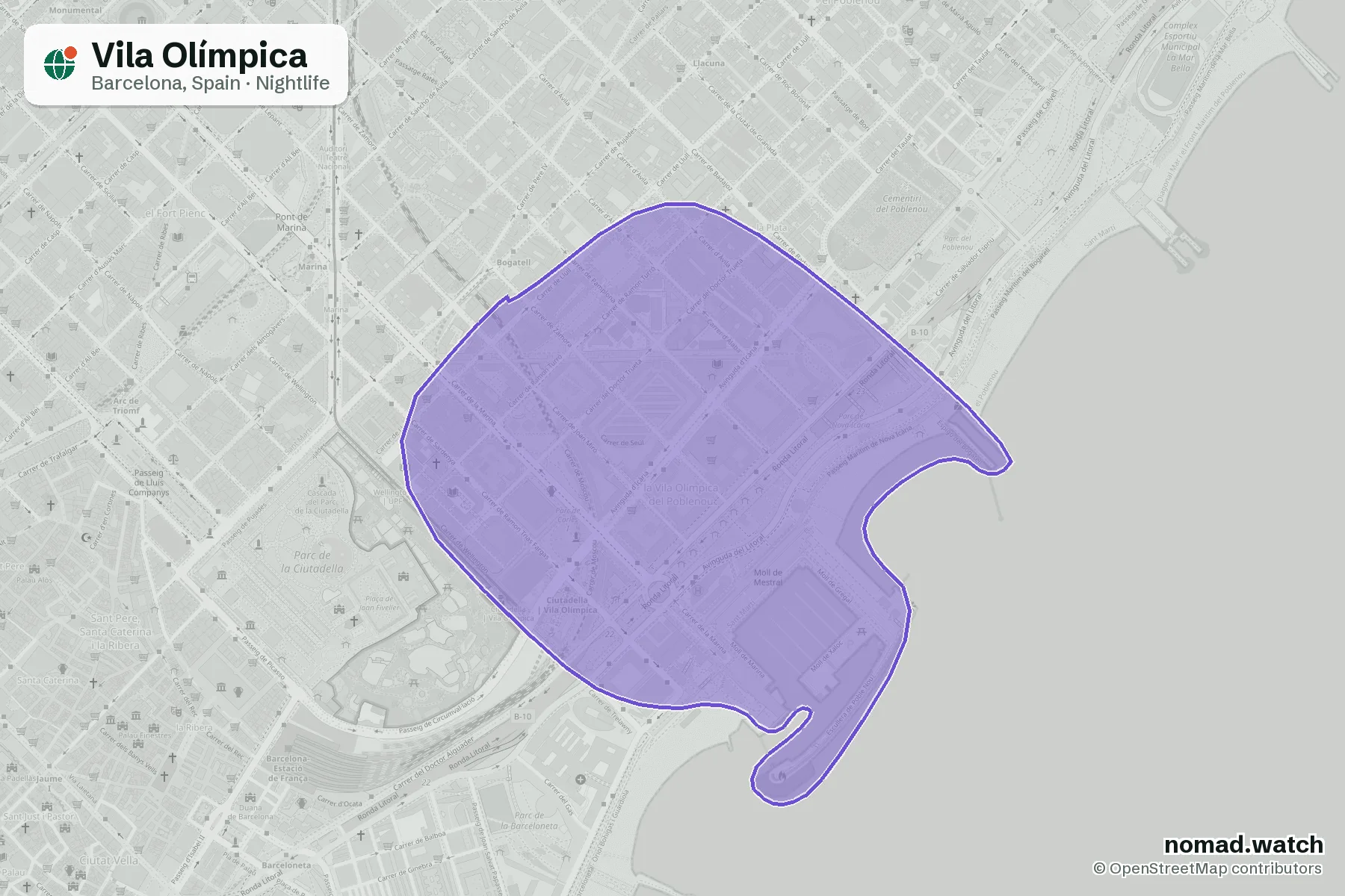 Vila Olímpica neighborhood map in Barcelona, Spain