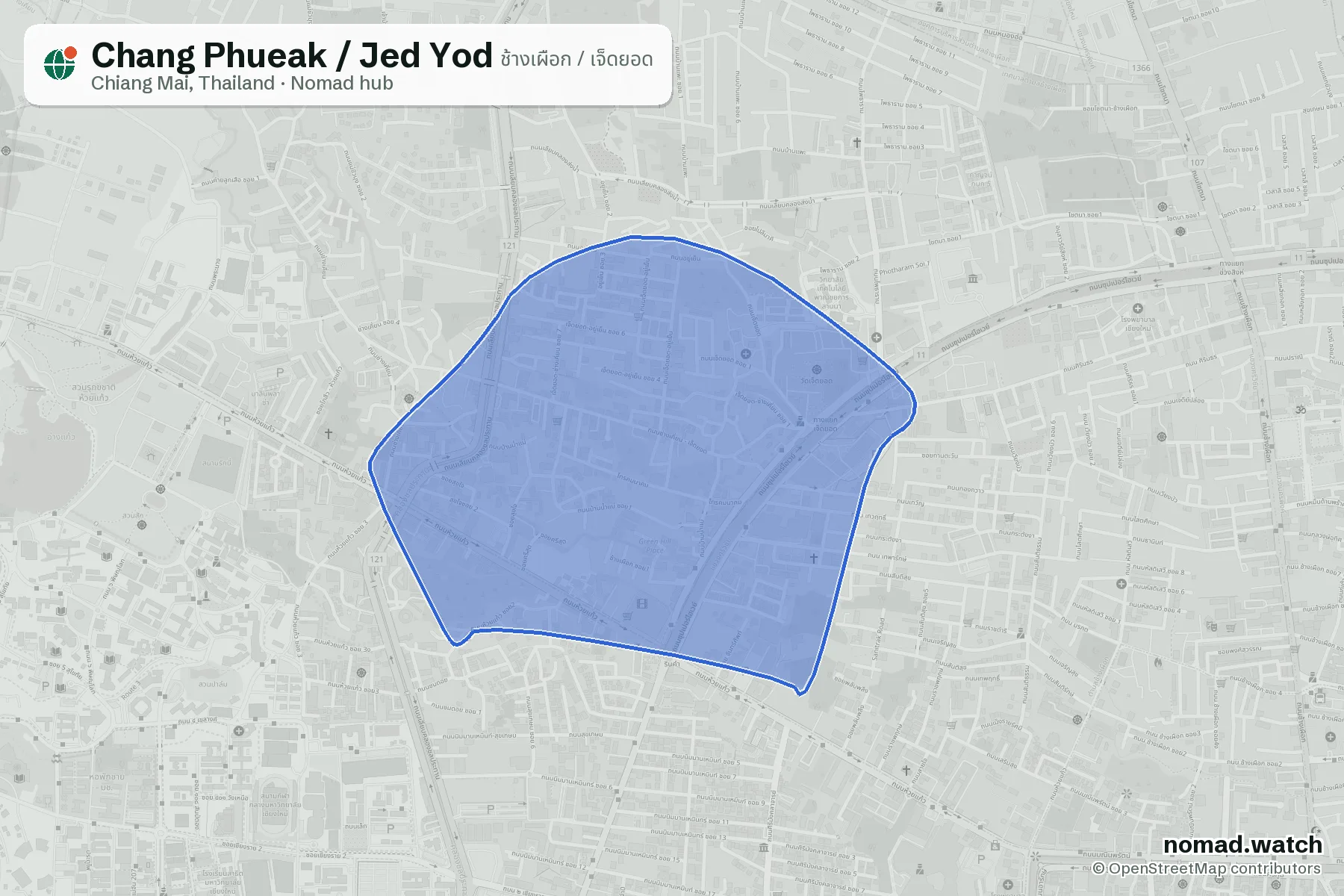 Chang Phueak / Jed Yod neighborhood map in Chiang Mai, Thailand