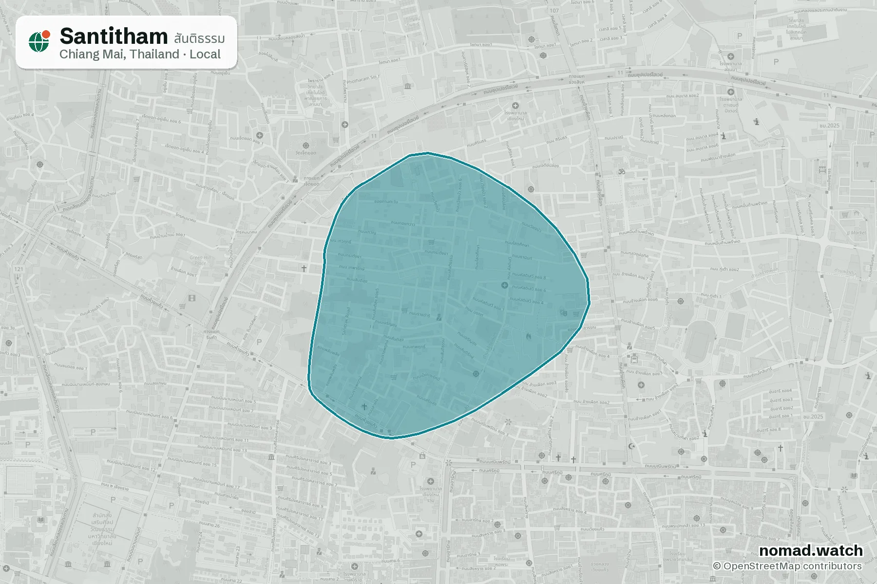 Santitham neighborhood map in Chiang Mai, Thailand
