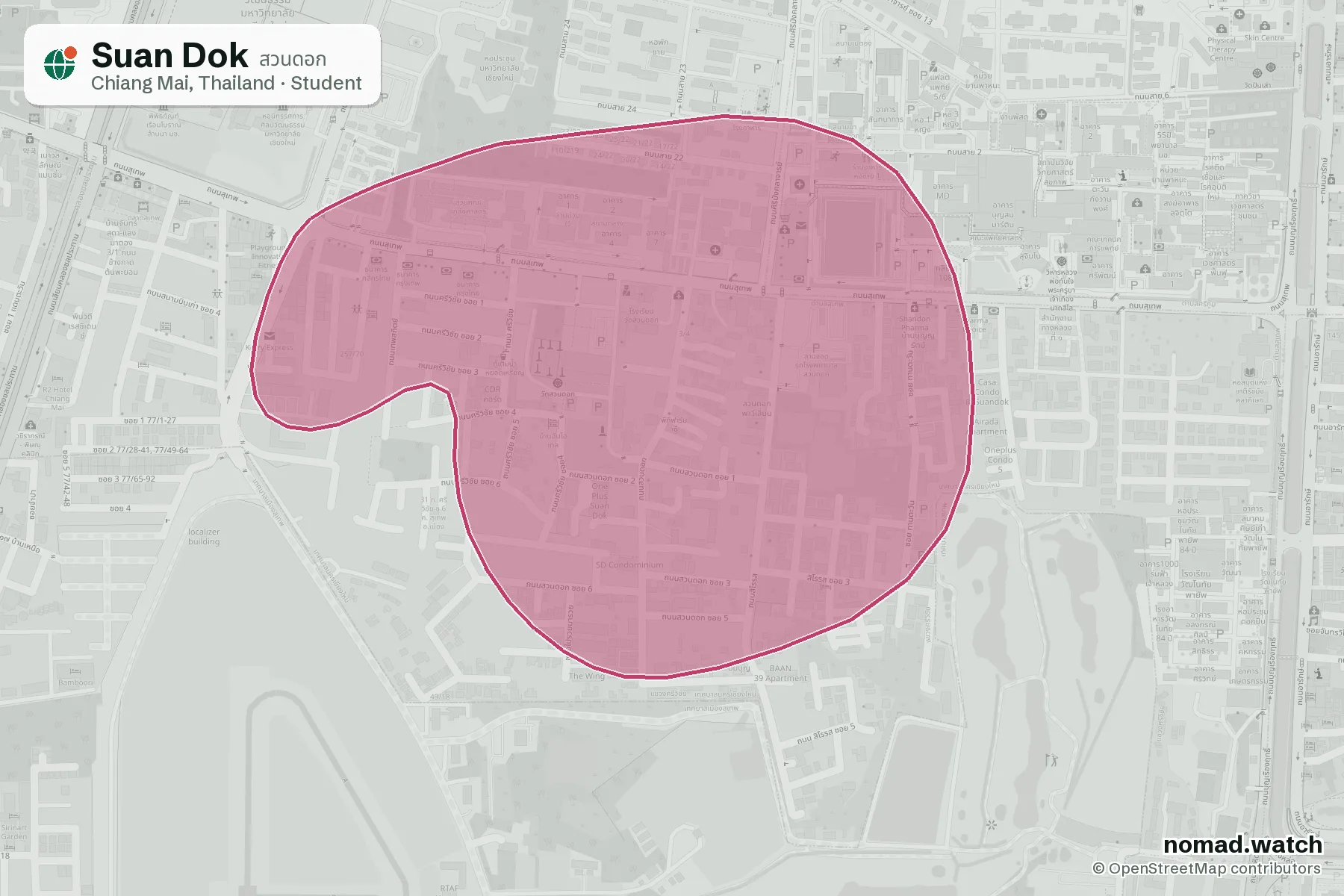 Suan Dok neighborhood map in Chiang Mai, Thailand