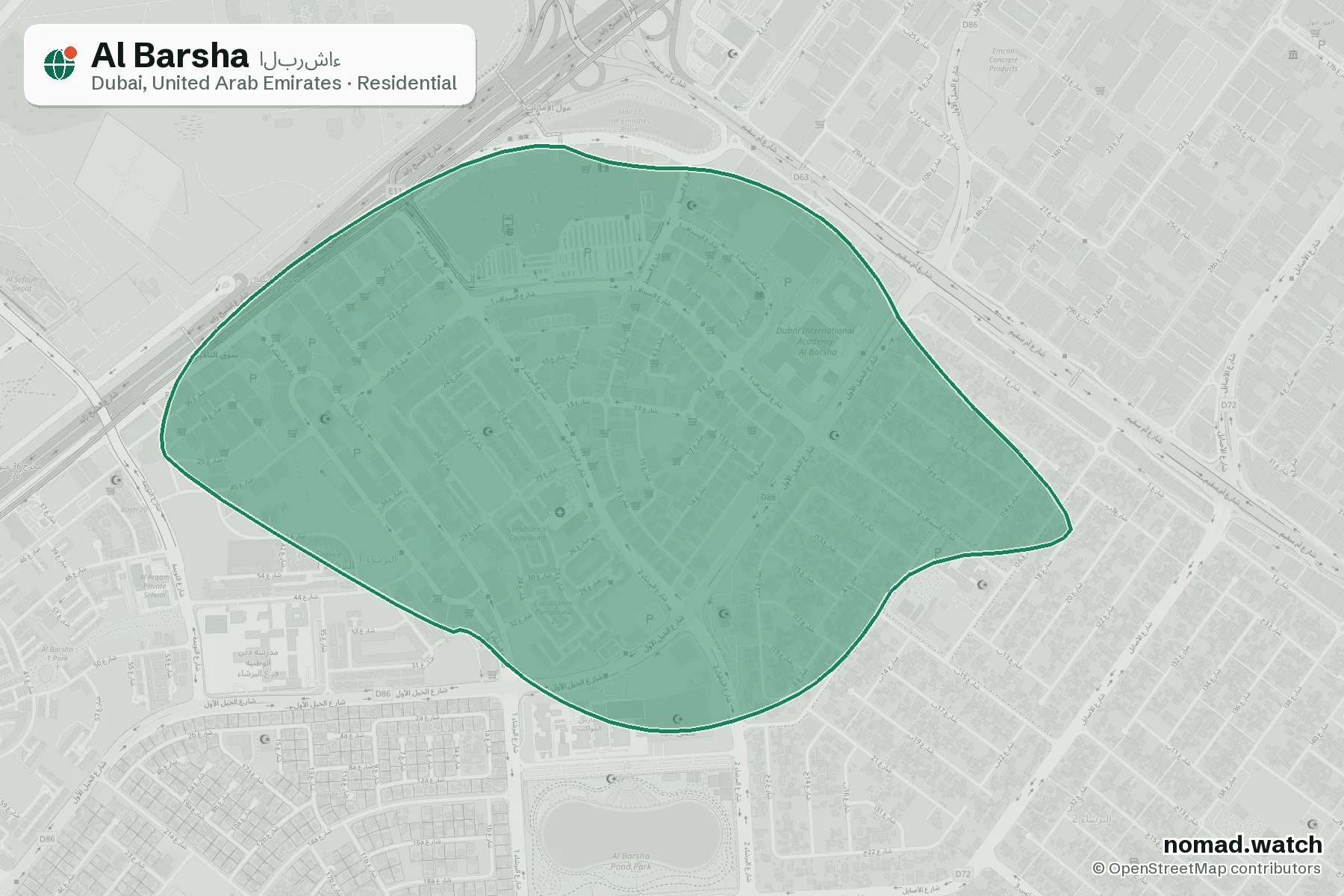 Al Barsha neighborhood map in Dubai, United Arab Emirates