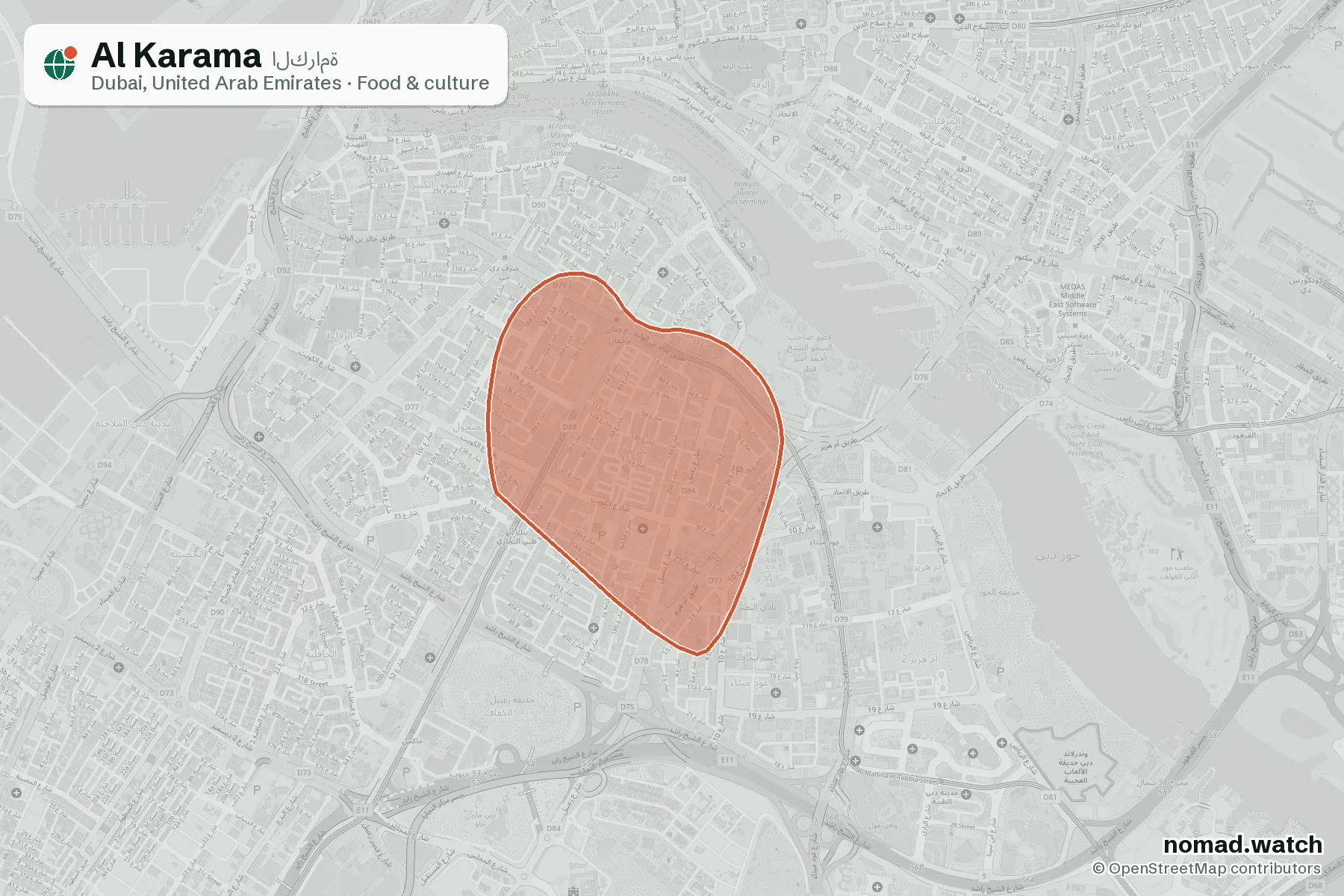 Al Karama neighborhood map in Dubai, United Arab Emirates