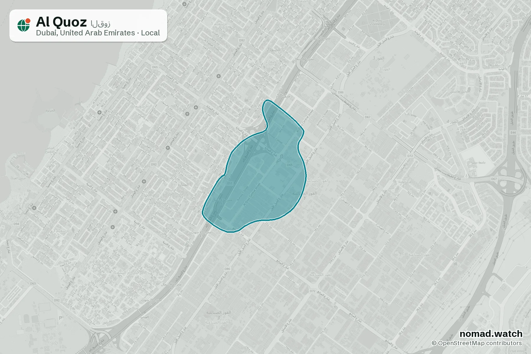 Al Quoz neighborhood map in Dubai, United Arab Emirates