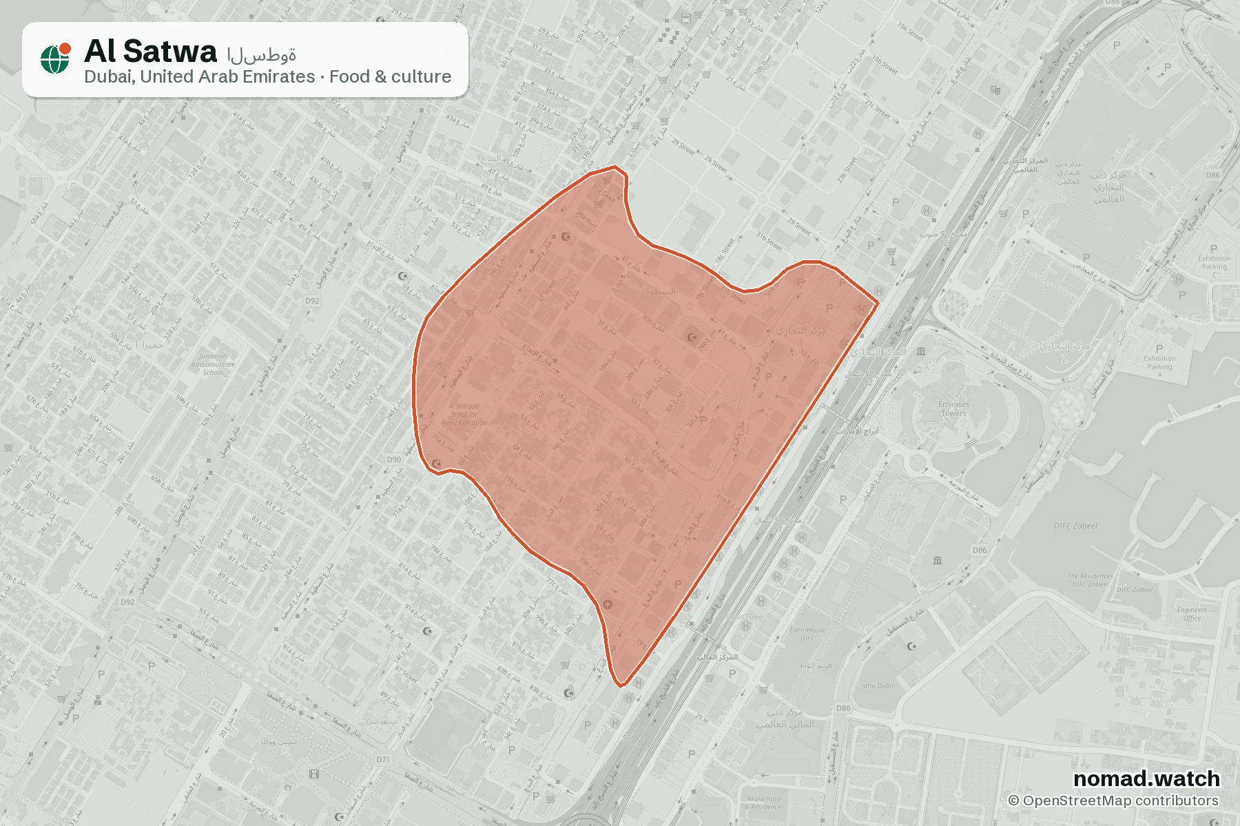 Al Satwa neighborhood map in Dubai, United Arab Emirates
