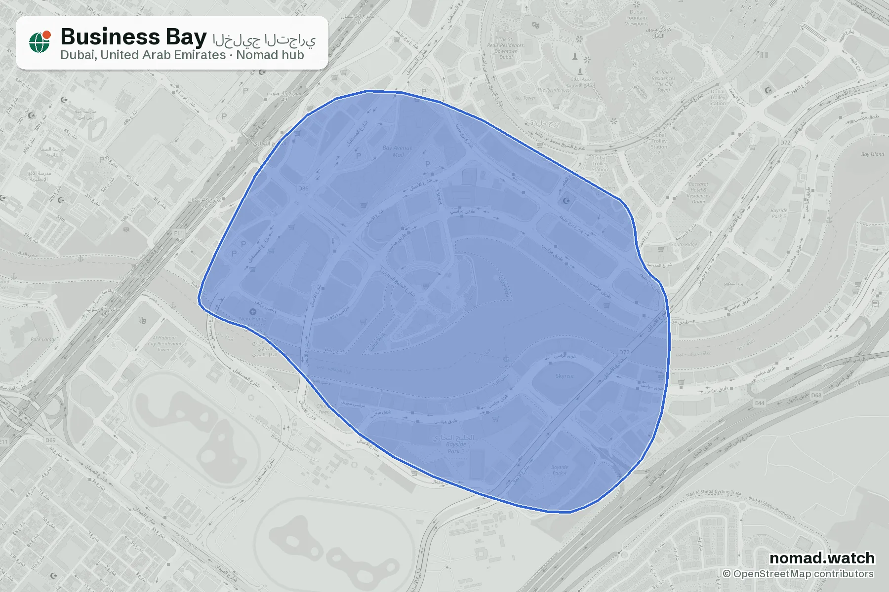 Business Bay neighborhood map in Dubai, United Arab Emirates