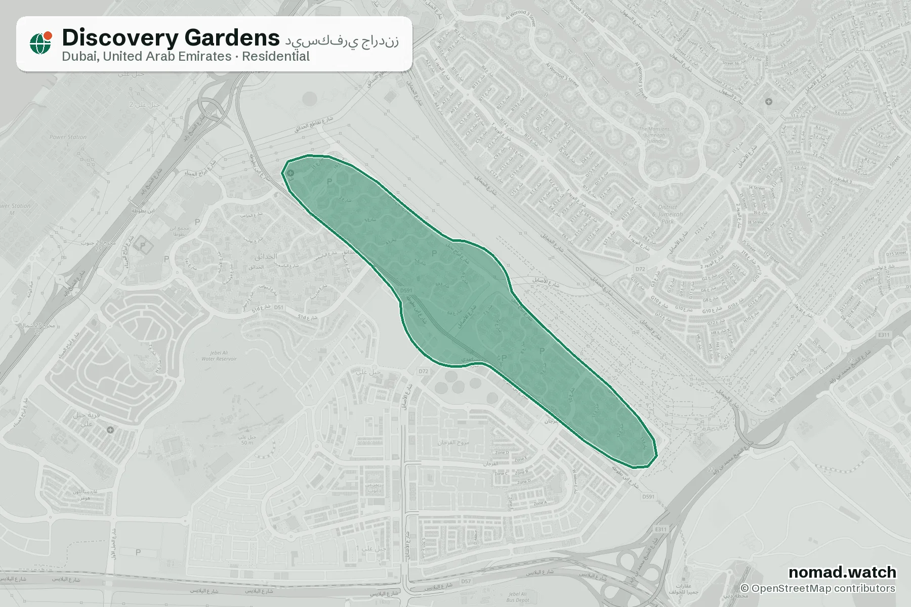 Discovery Gardens neighborhood map in Dubai, United Arab Emirates