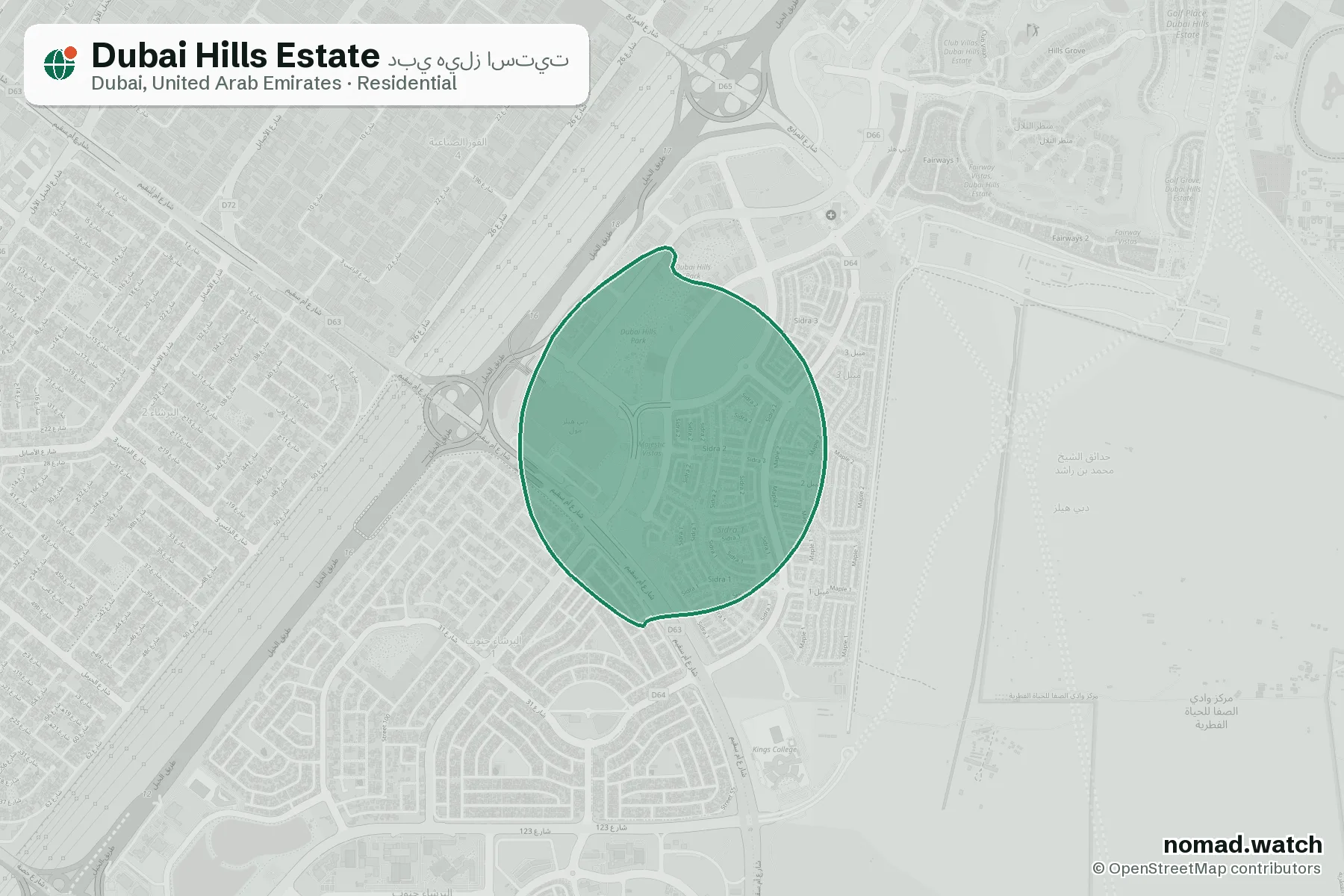 Dubai Hills Estate neighborhood map in Dubai, United Arab Emirates