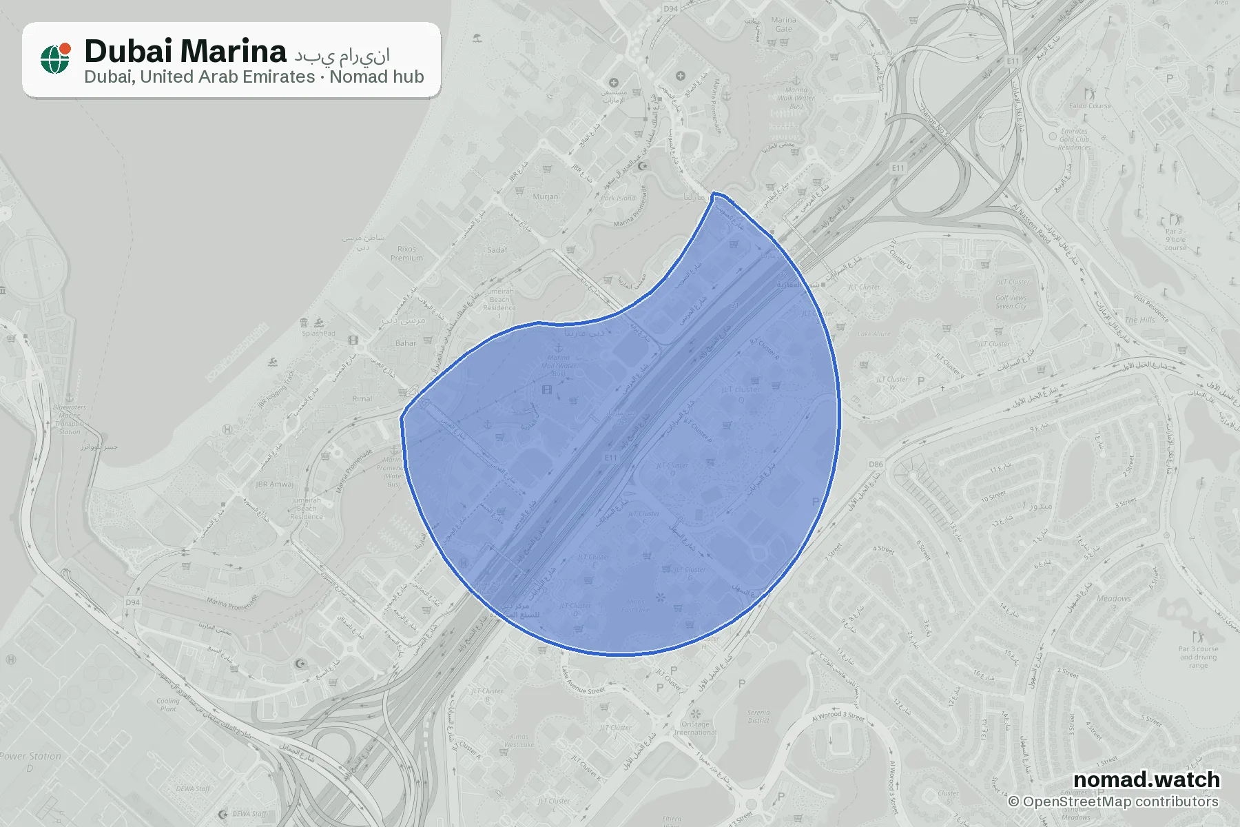 Dubai Marina neighborhood map in Dubai, United Arab Emirates