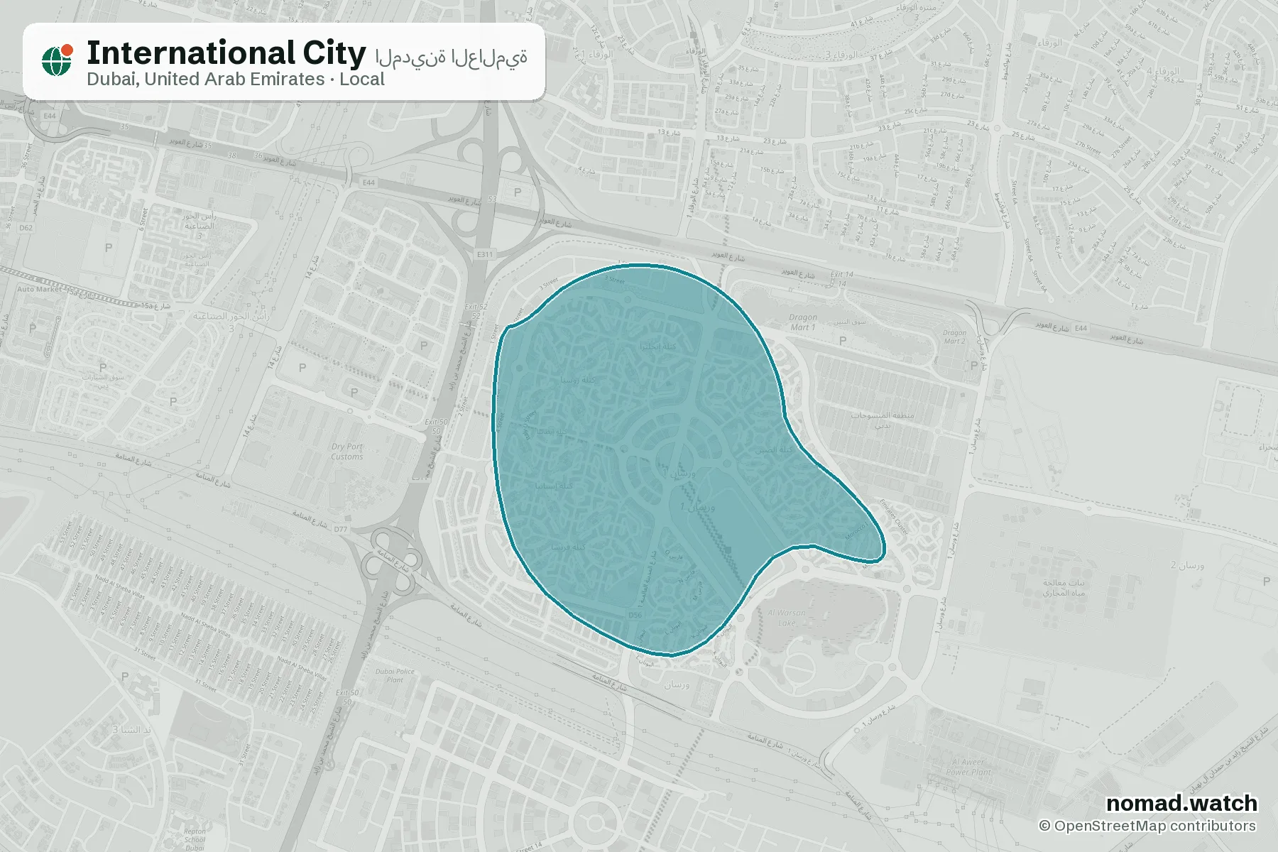 International City neighborhood map in Dubai, United Arab Emirates