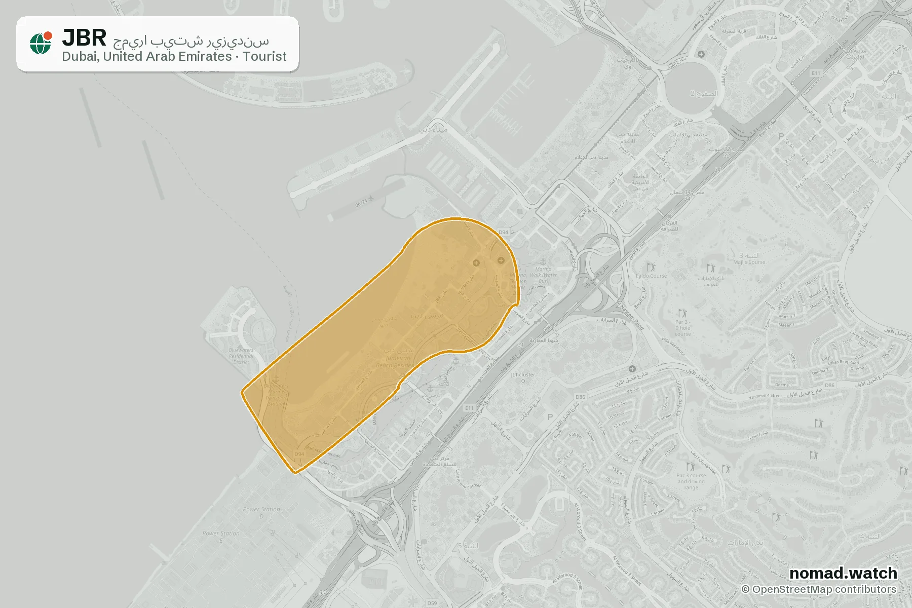 JBR neighborhood map in Dubai, United Arab Emirates
