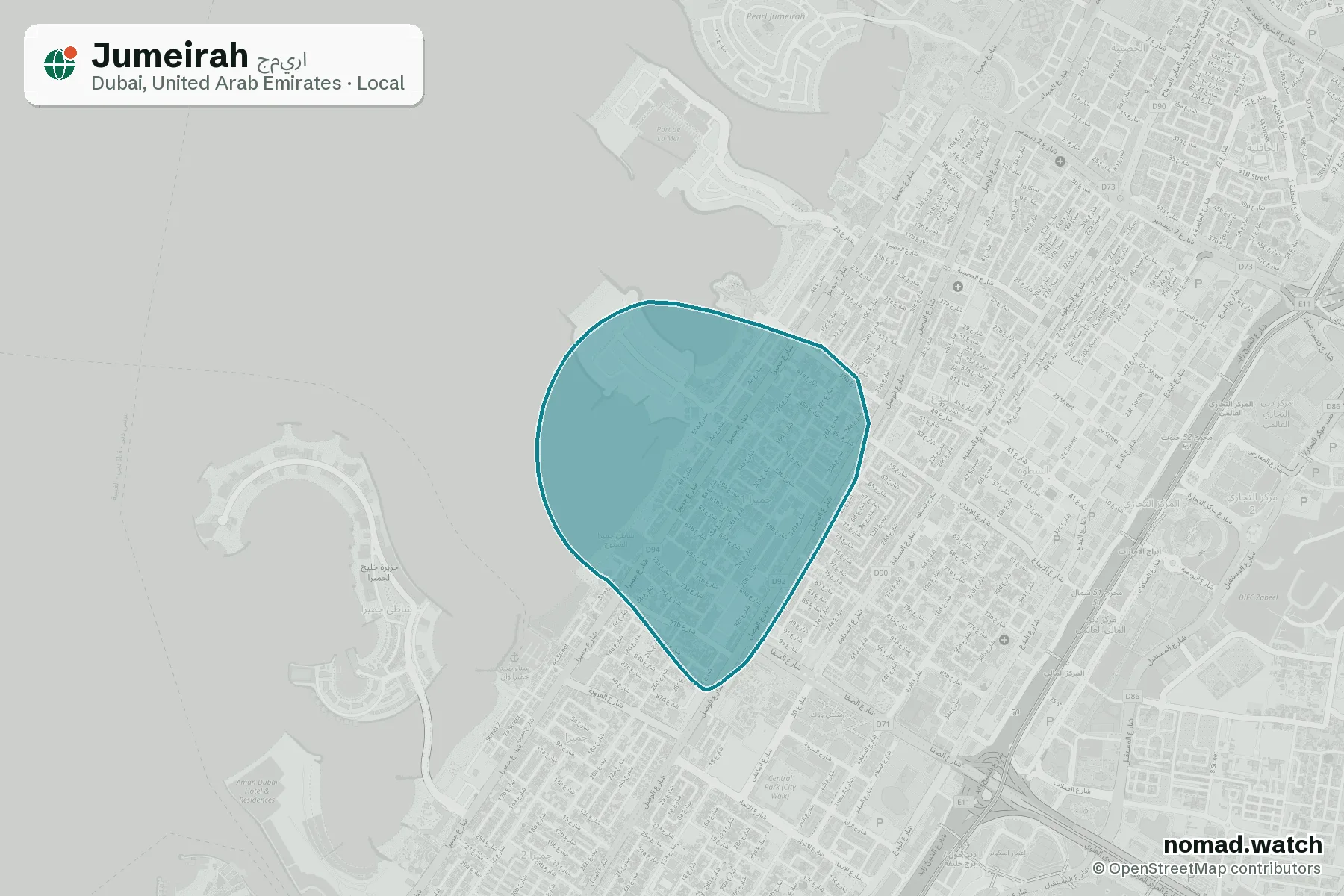 Jumeirah neighborhood map in Dubai, United Arab Emirates