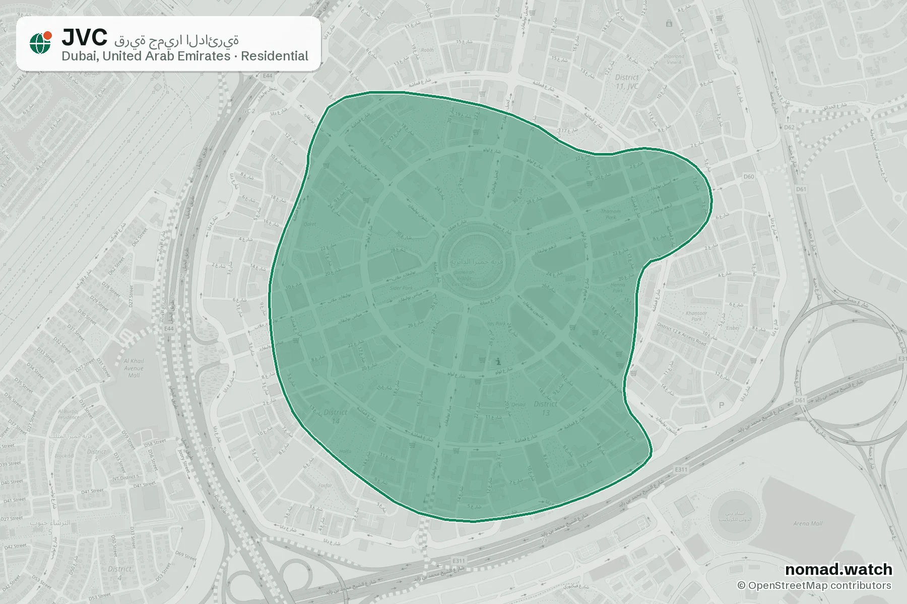 JVC neighborhood map in Dubai, United Arab Emirates