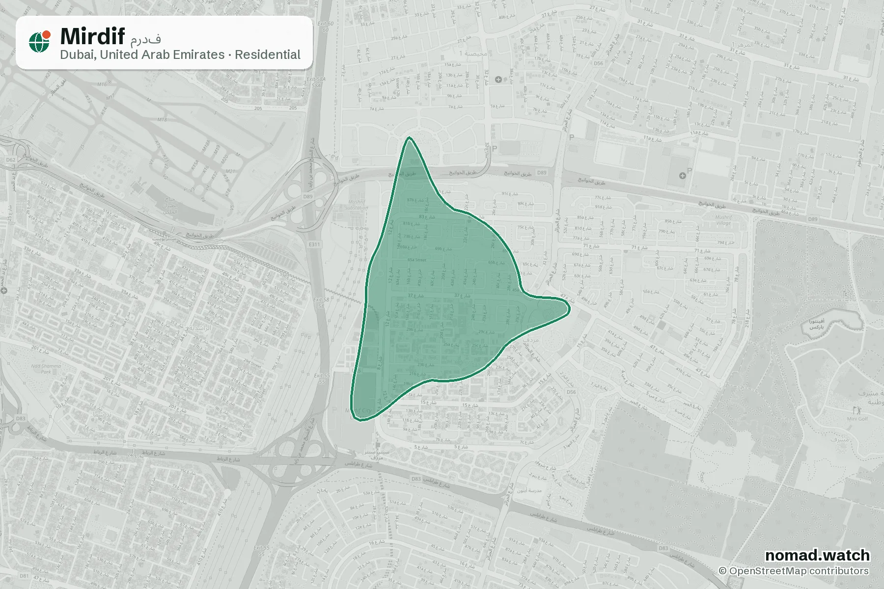 Mirdif neighborhood map in Dubai, United Arab Emirates