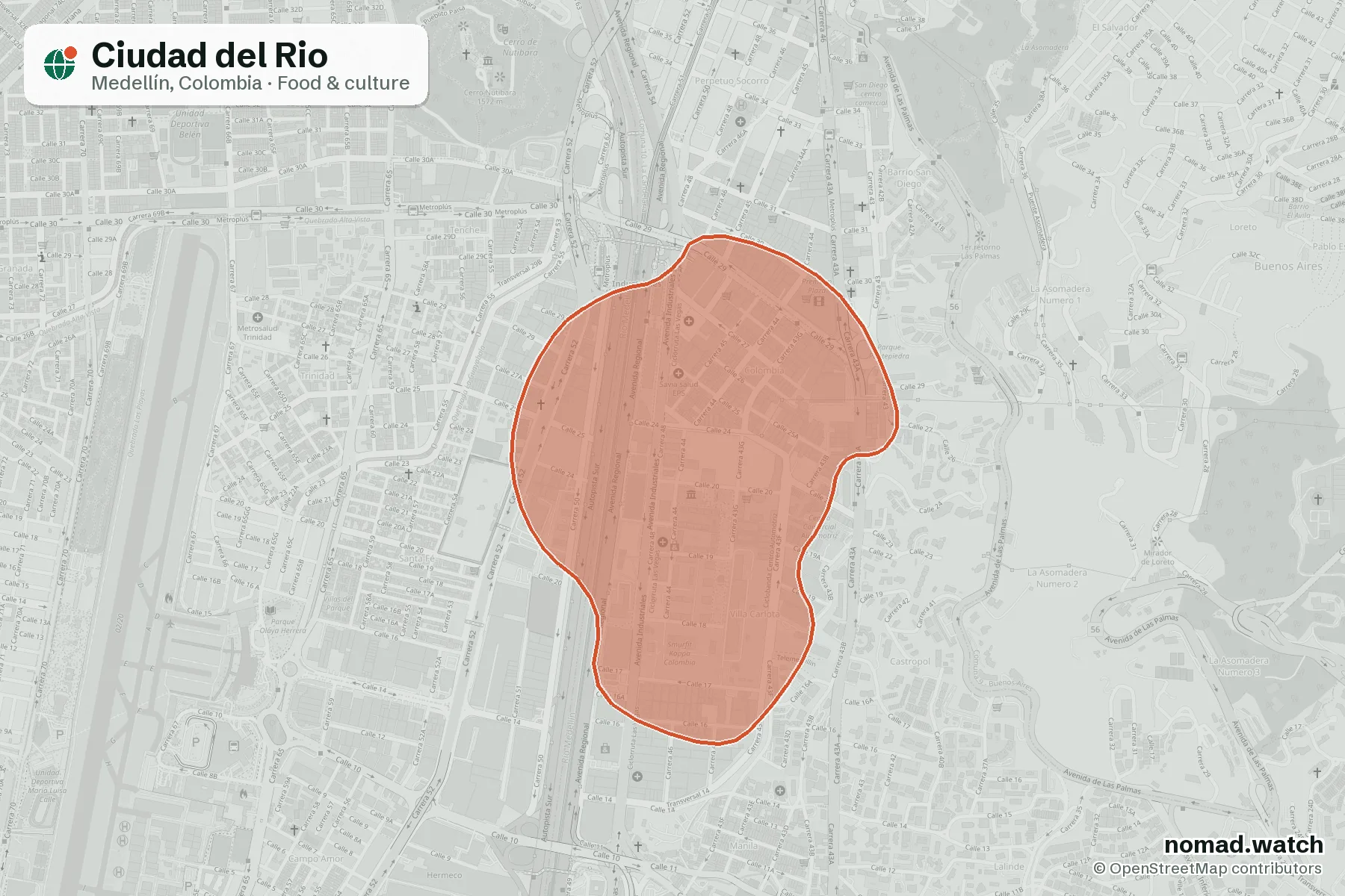 Ciudad del Rio neighborhood map in Medellín, Colombia