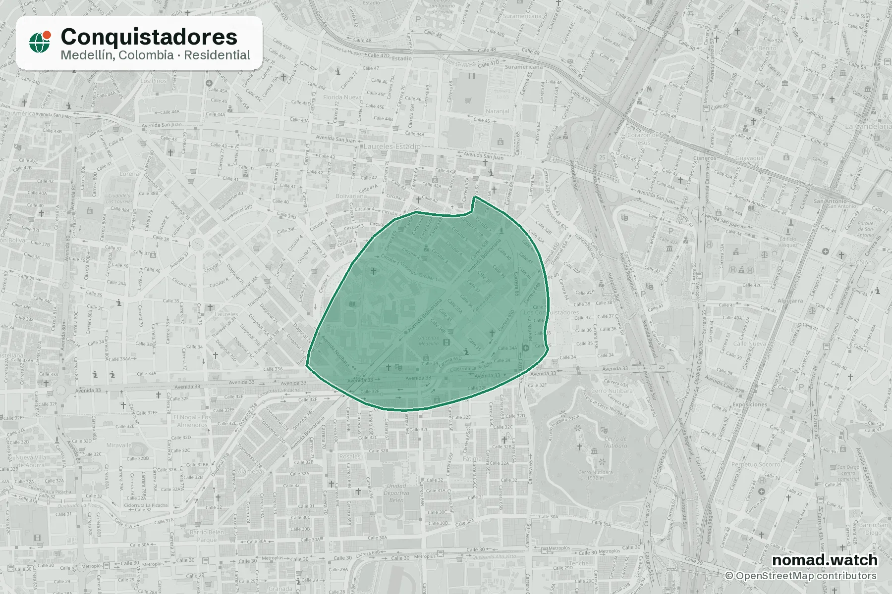 Conquistadores neighborhood map in Medellín, Colombia