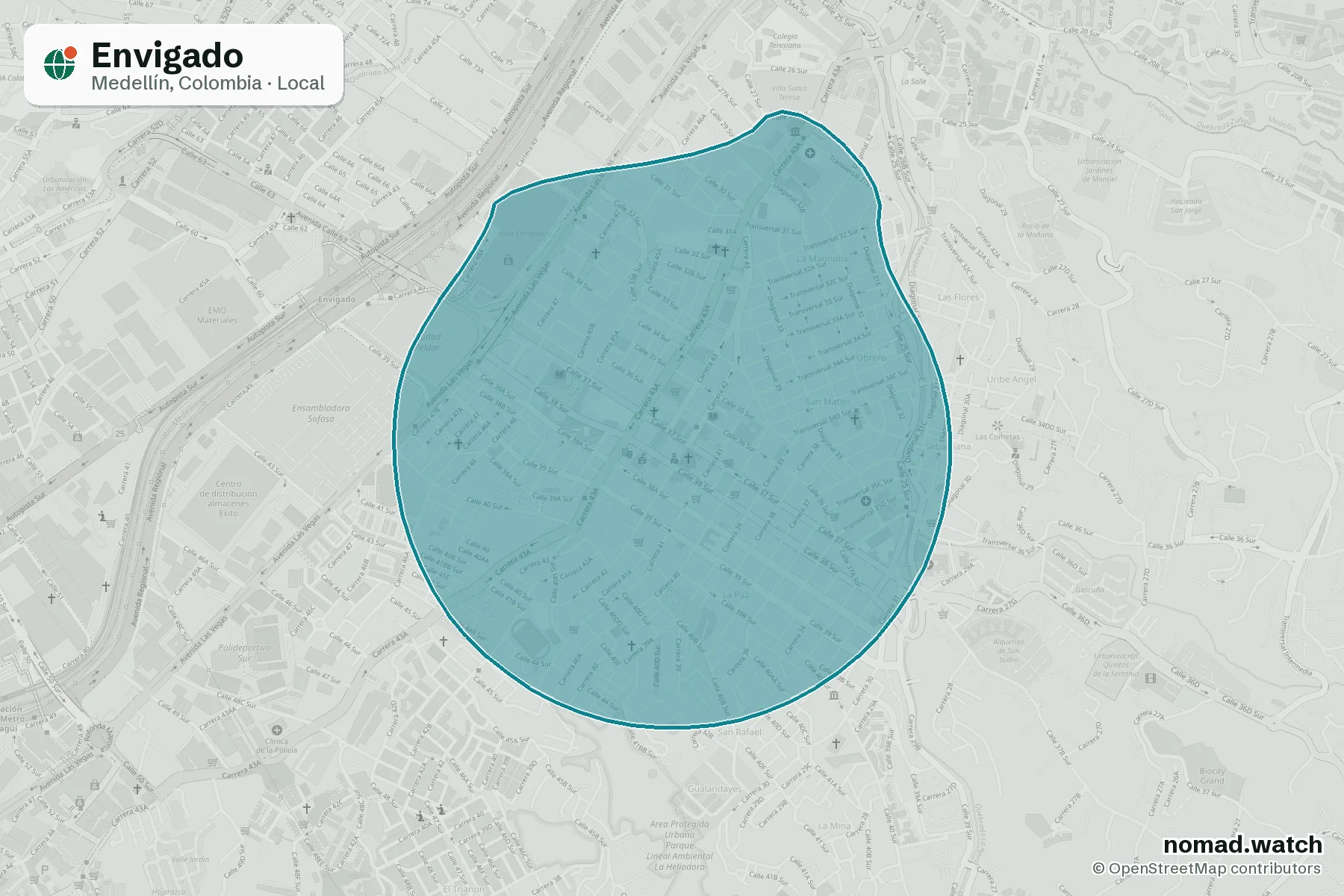 Envigado neighborhood map in Medellín, Colombia