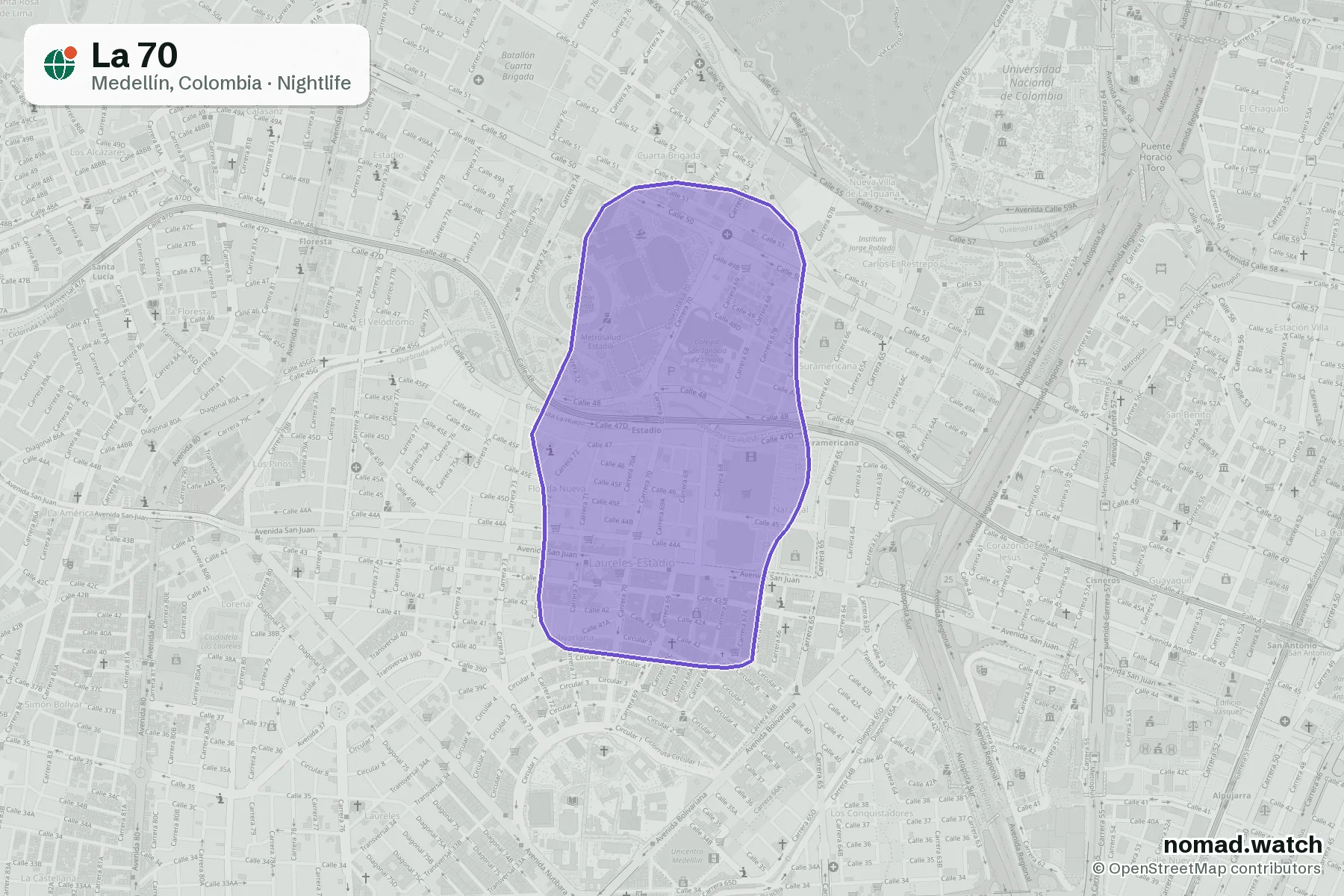 La 70 neighborhood map in Medellín, Colombia