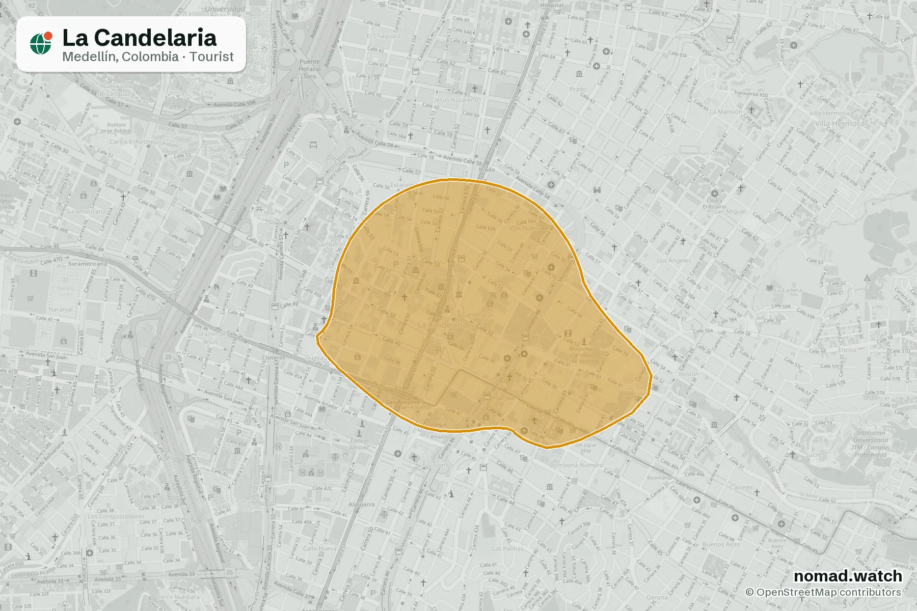 La Candelaria neighborhood map in Medellín, Colombia