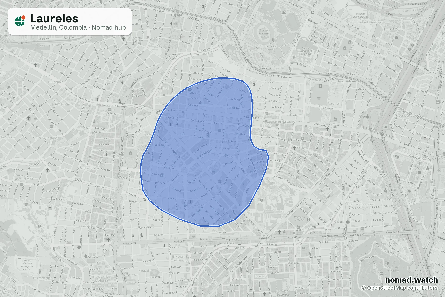 Laureles neighborhood map in Medellín, Colombia