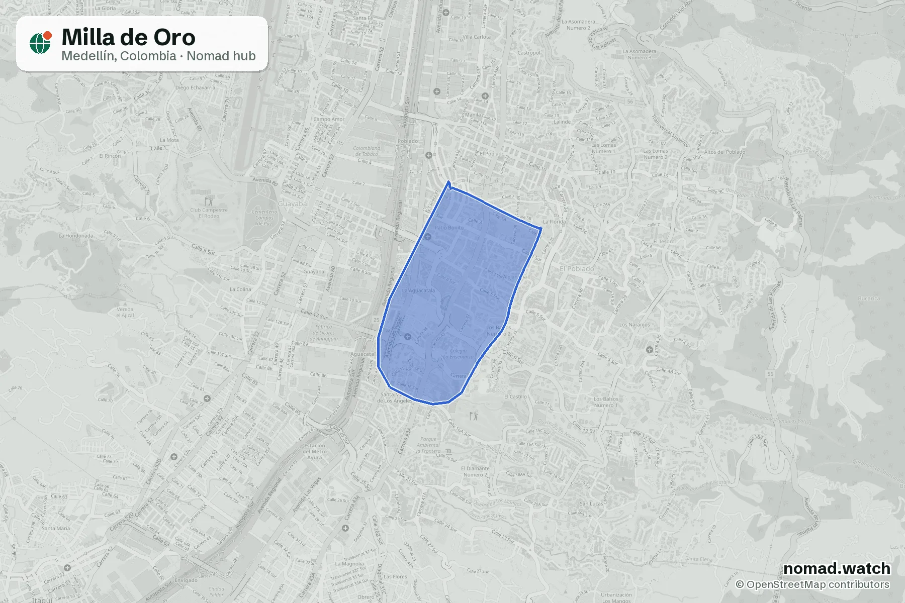 Milla de Oro neighborhood map in Medellín, Colombia