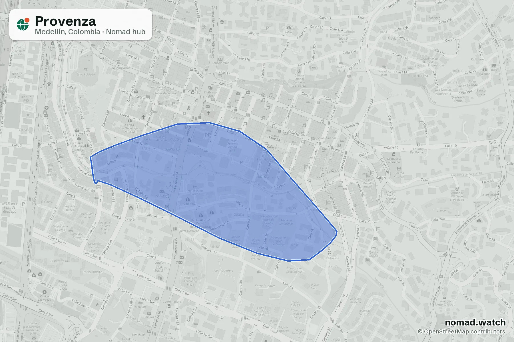 Provenza neighborhood map in Medellín, Colombia