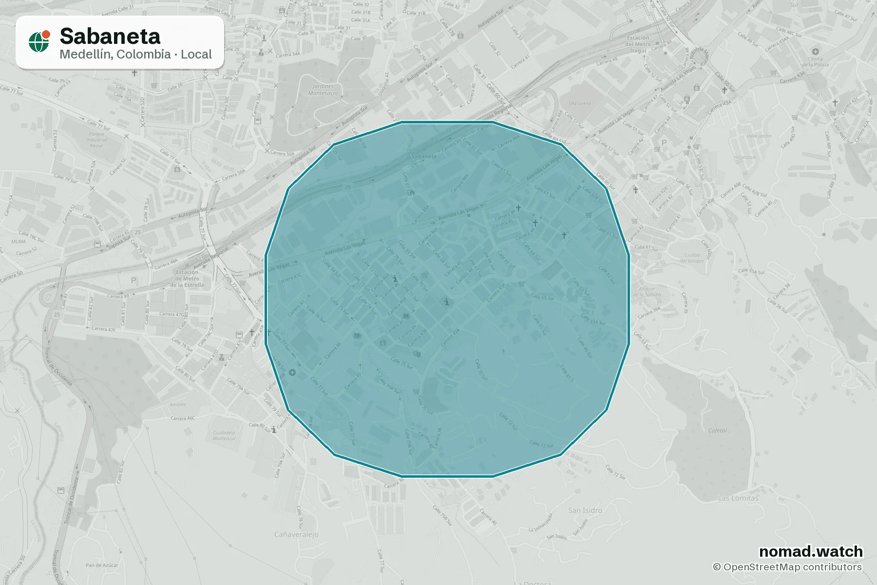 Sabaneta neighborhood map in Medellín, Colombia