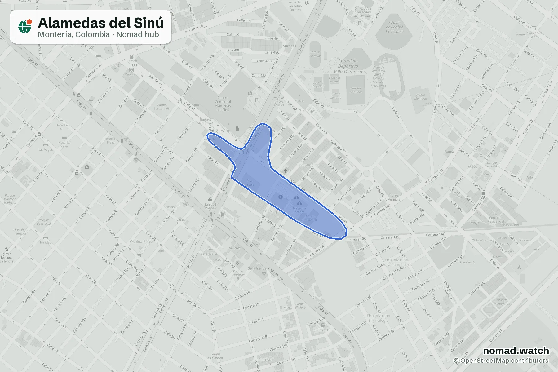 Alamedas del Sinú neighborhood map in Montería, Colombia