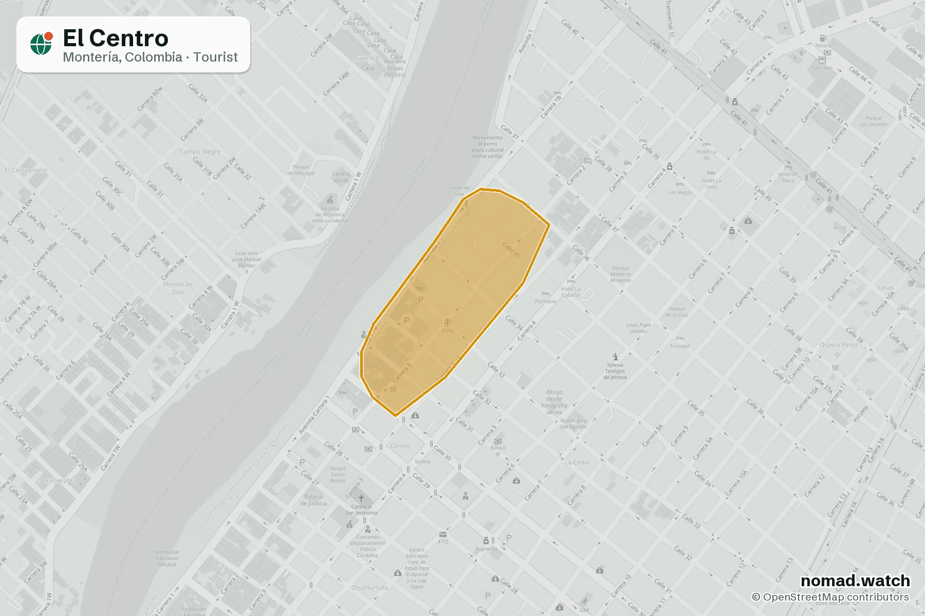 El Centro neighborhood map in Montería, Colombia