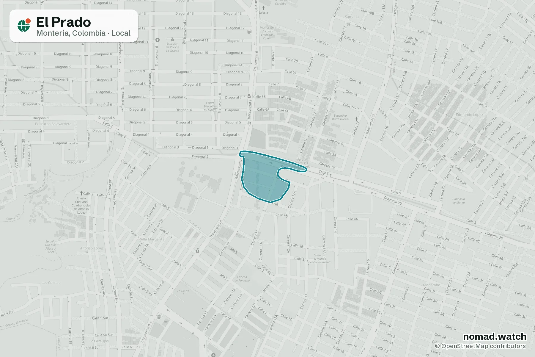 El Prado neighborhood map in Montería, Colombia