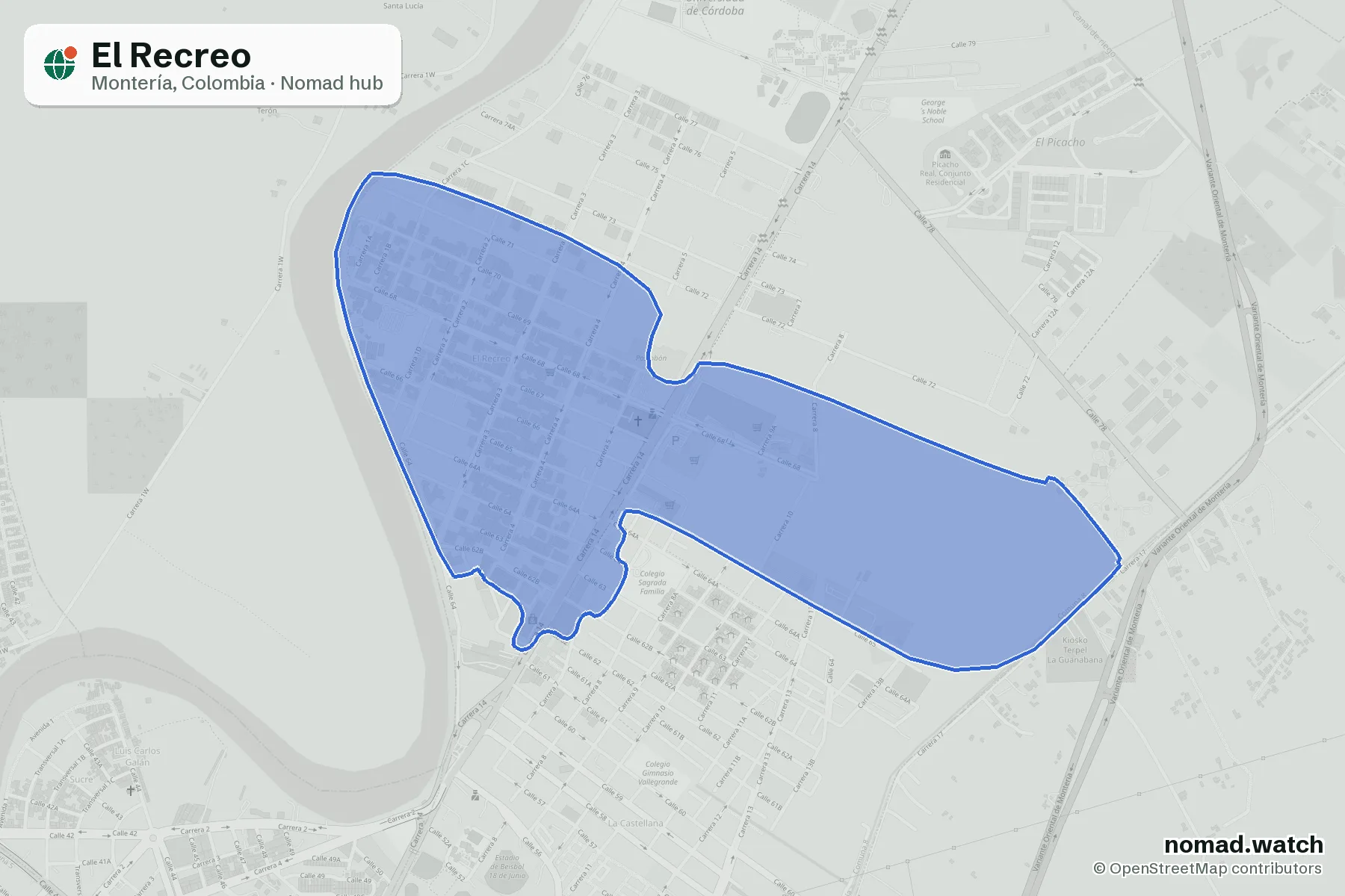 El Recreo neighborhood map in Montería, Colombia